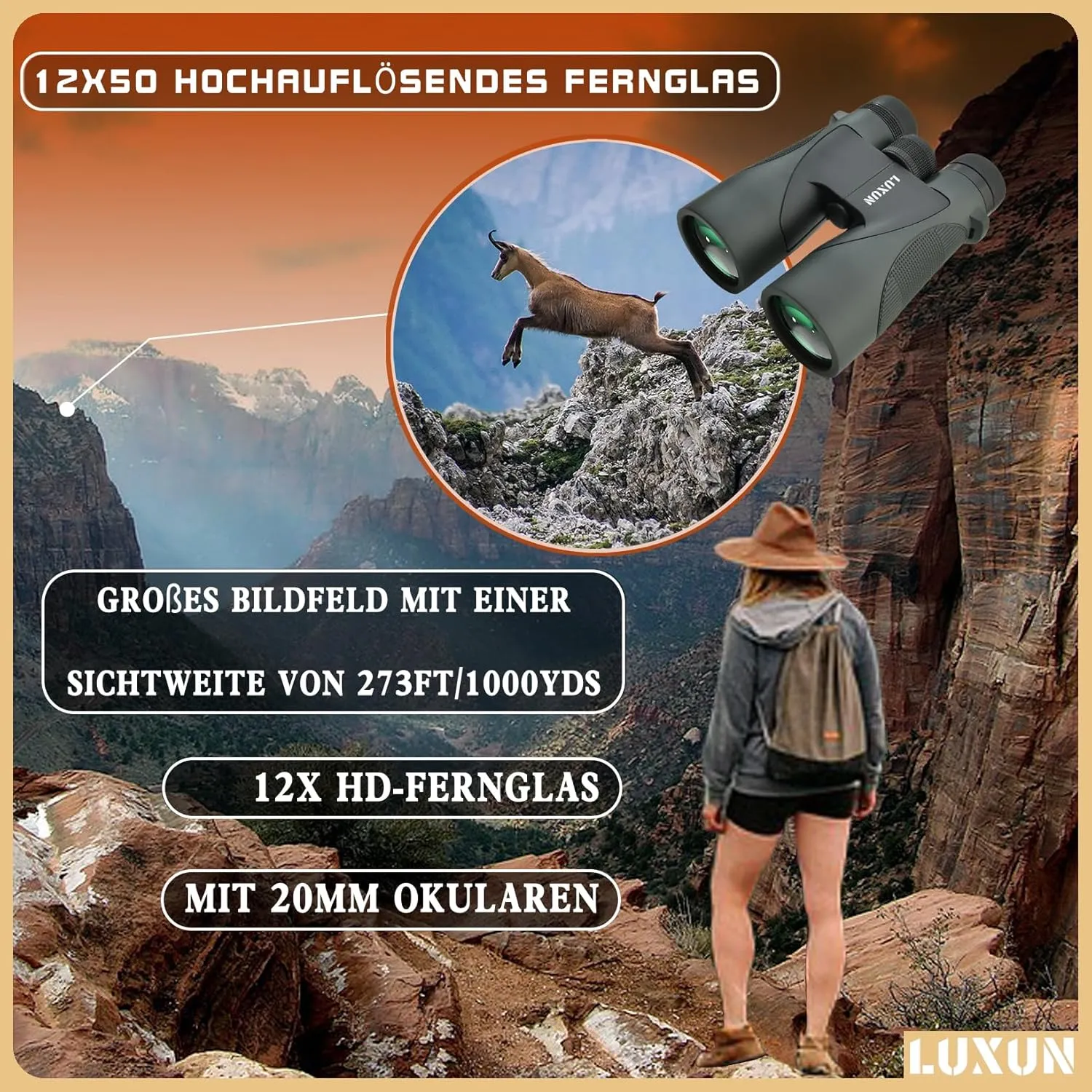 LUXUN 12x50 High Powered Binoculars for Adults Hunting, Binoculars with Long Range BAK4 Prism FMC Prisms, for Hunting Bird Watching Hiking Travel Cruise Trip,Green