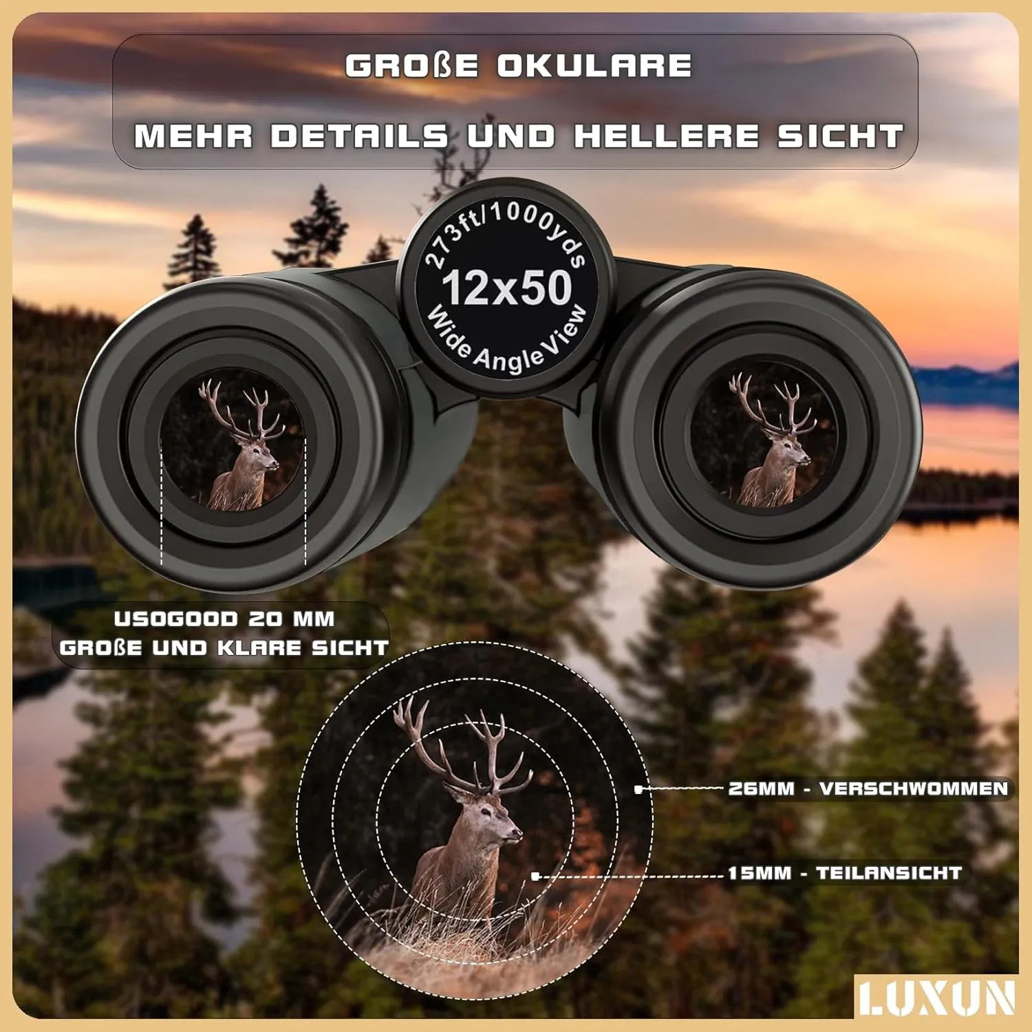 LUXUN 12x50 High Powered Binoculars for Adults Hunting, Binoculars with Long Range BAK4 Prism FMC Prisms, for Hunting Bird Watching Hiking Travel Cruise Trip,Green