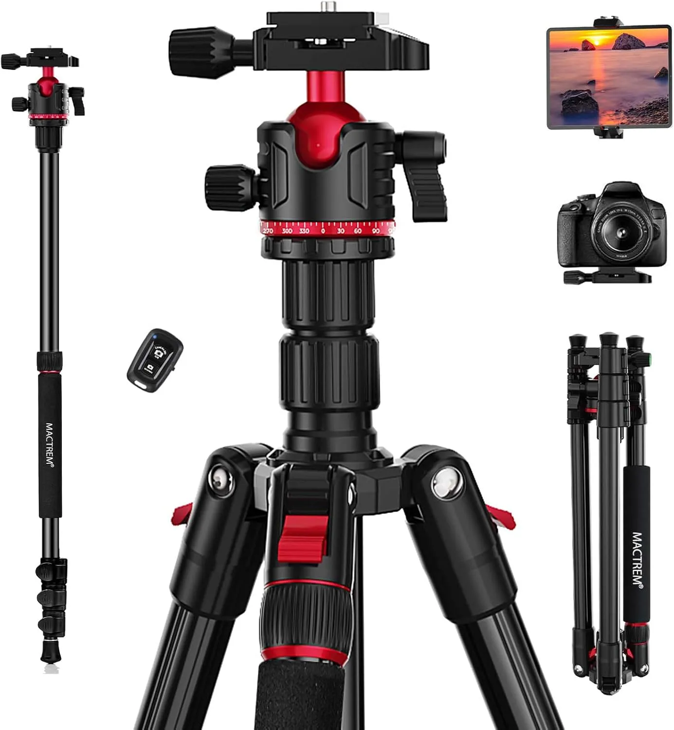 MACTREM Camera Tripod, 74 inch/187cm Aluminum Travel Tripod & Monopod with 360Ball Head, Lightweight for Smartphone iPad Canon Nikon Sony Binoculars Laser Level Telescope