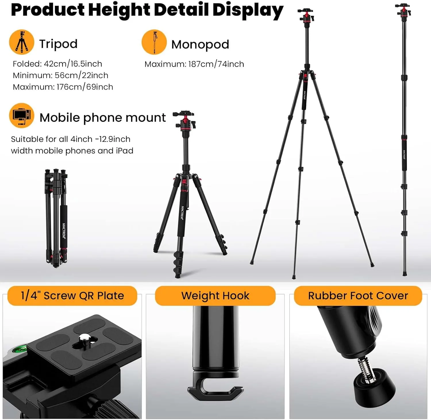 MACTREM Camera Tripod, 74 inch/187cm Aluminum Travel Tripod & Monopod with 360Ball Head, Lightweight for Smartphone iPad Canon Nikon Sony Binoculars Laser Level Telescope