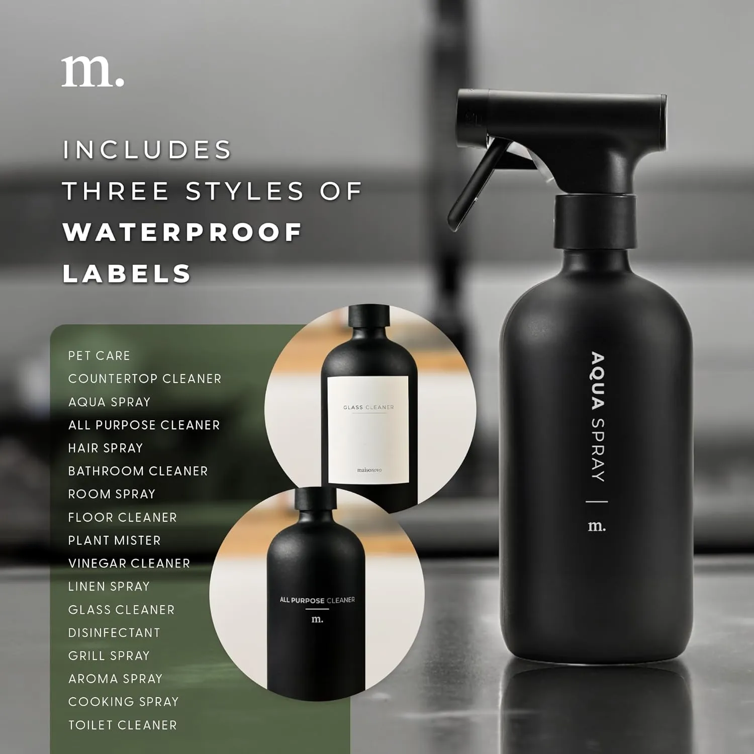 MAISONOVO Spray Bottle for Hair - 16.9 fl oz Black x 2 with 16 Labels