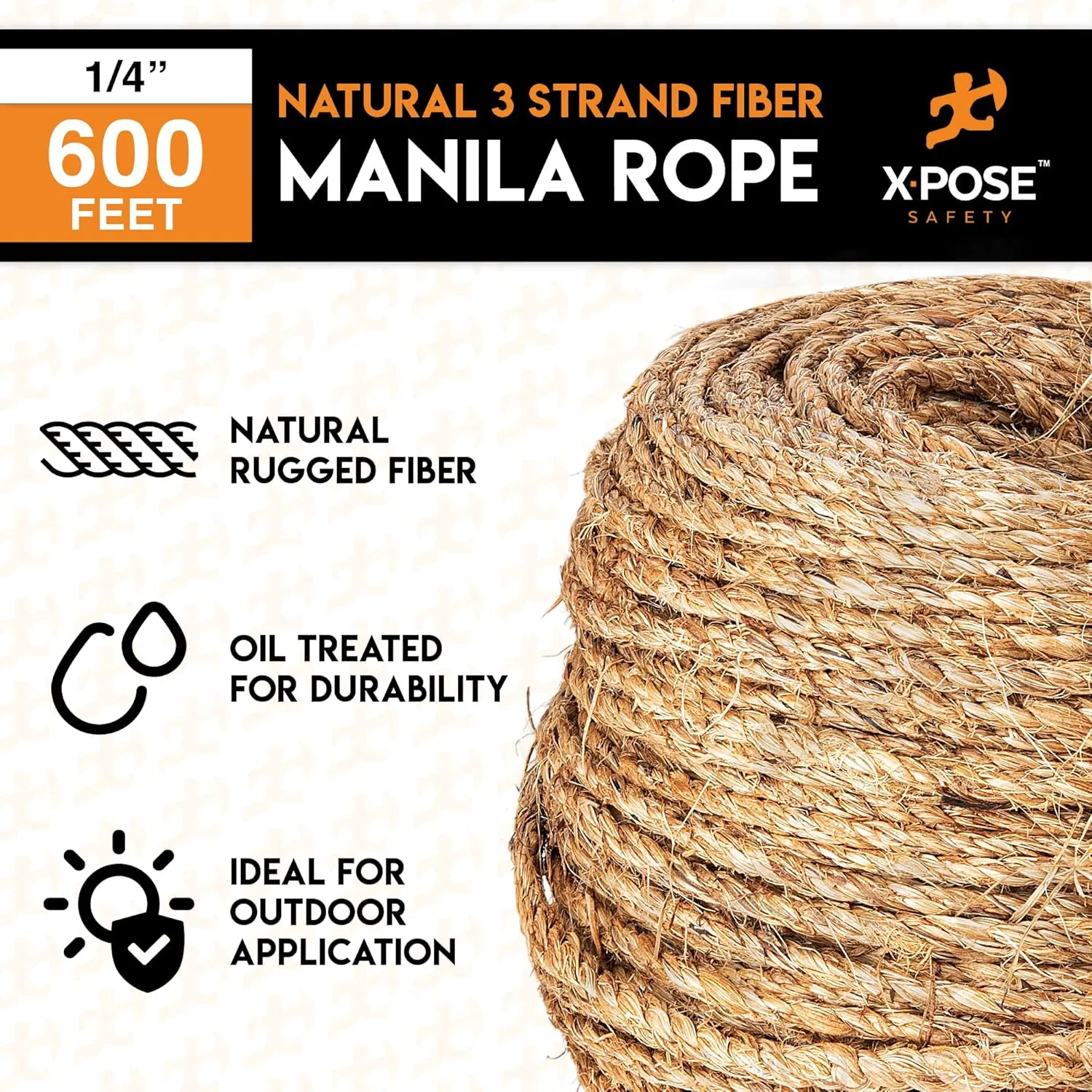 Manila Rope - 1/4 Inch 600' - 3 Strand Cordage Twisted Braided Rope - Thick Natural Fiber for Nautical, Marine, Decorative for Crafts, Porch Column, Outdoor Pole Wrap, Tree Swing