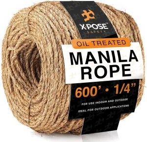 Manila Rope - 1/4 Inch 600' - 3 Strand Cordage Twisted Braided Rope - Thick Natural Fiber for Nautical, Marine, Decorative for Crafts, Porch Column, Outdoor Pole Wrap, Tree Swing