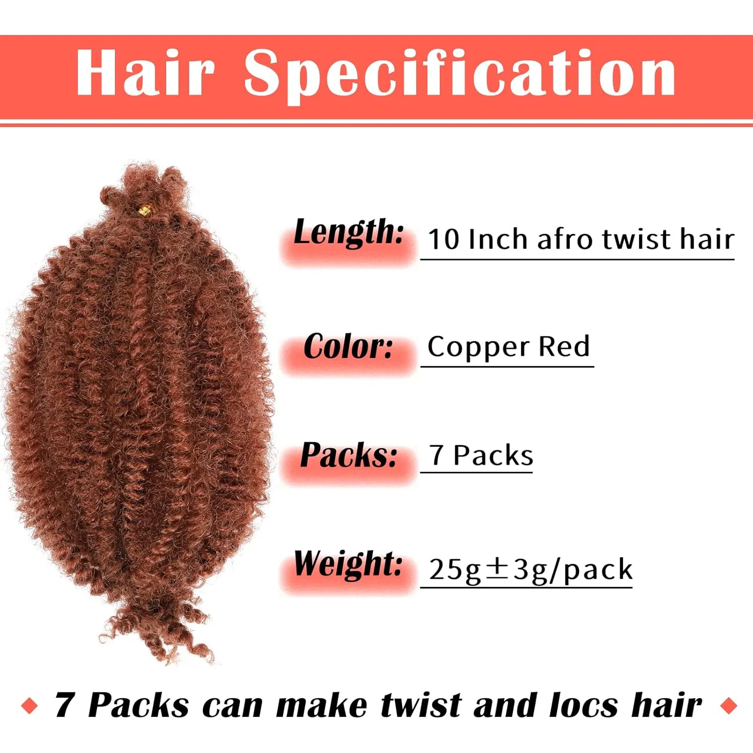 Marley Hair 10 Inch 7 Packs Ginger Marley Twist Braiding Hair for Soft Faux Locs Crochet Hair Pre Separated Springy Afro Twist Hair Cuban Twist Hair Pre Fluffed Spring Twist Hair Extensions (10",350)