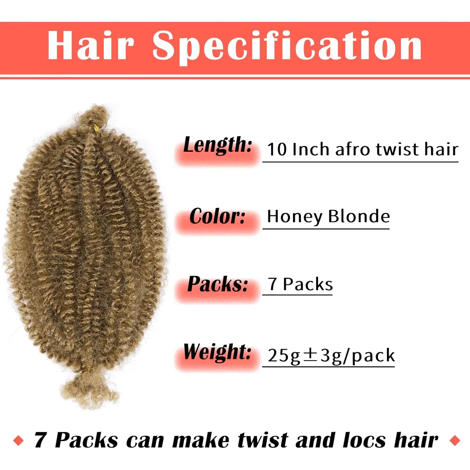 Marley Hair 10 Inch 7 Packs Honey Blonde Marley Twist Braiding Hair for Soft Faux Locs Crochet Hair Pre Separated Springy Afro Twist Hair Pre Fluffed Spring Twist Hair Extensions (10",27)