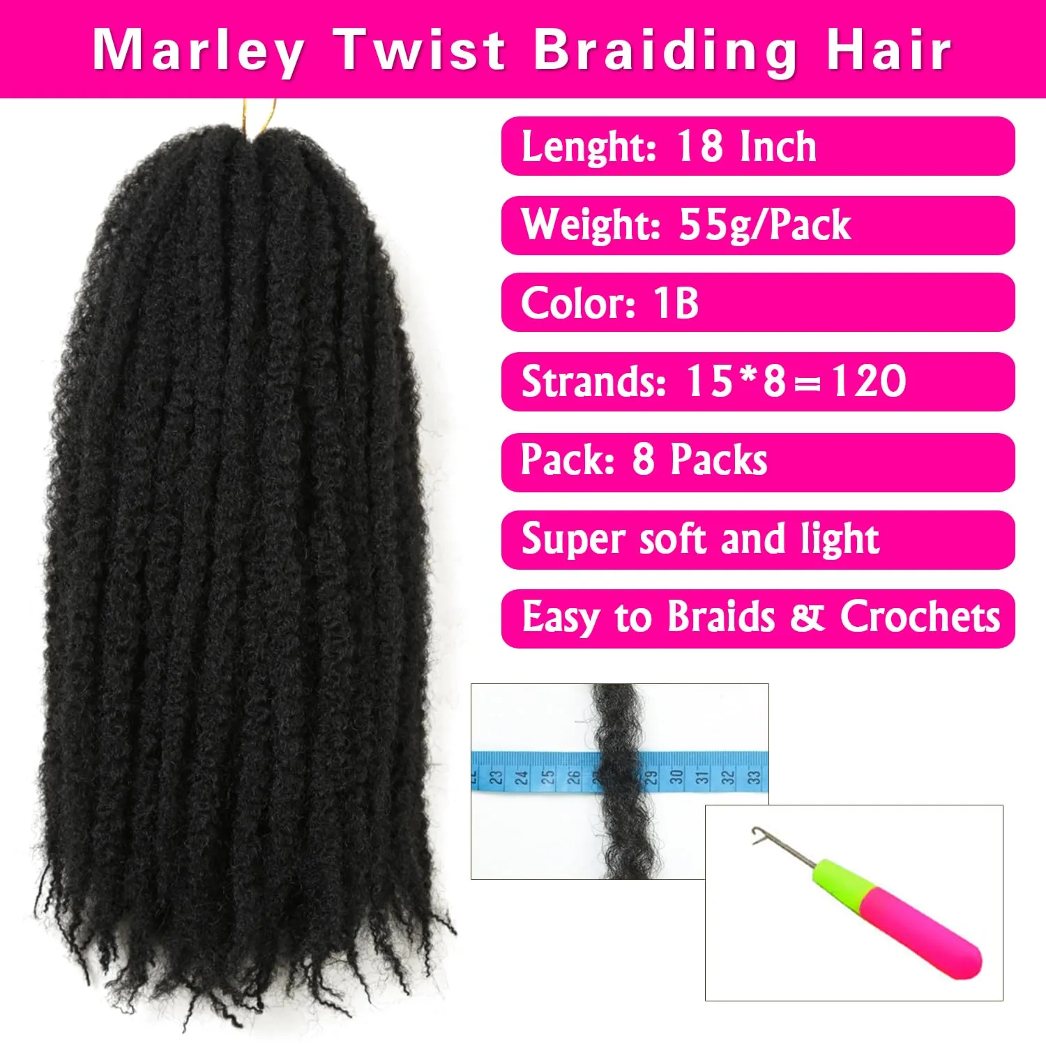 Marley Twist Braiding Hair 18 Inch 8 Packs Cuban Twist Hair Springy Afro Kinky Twist Crochet Braiding Natural Black Synthetic Marley Braid Hair Extension (1B#, 18inch 8packs)