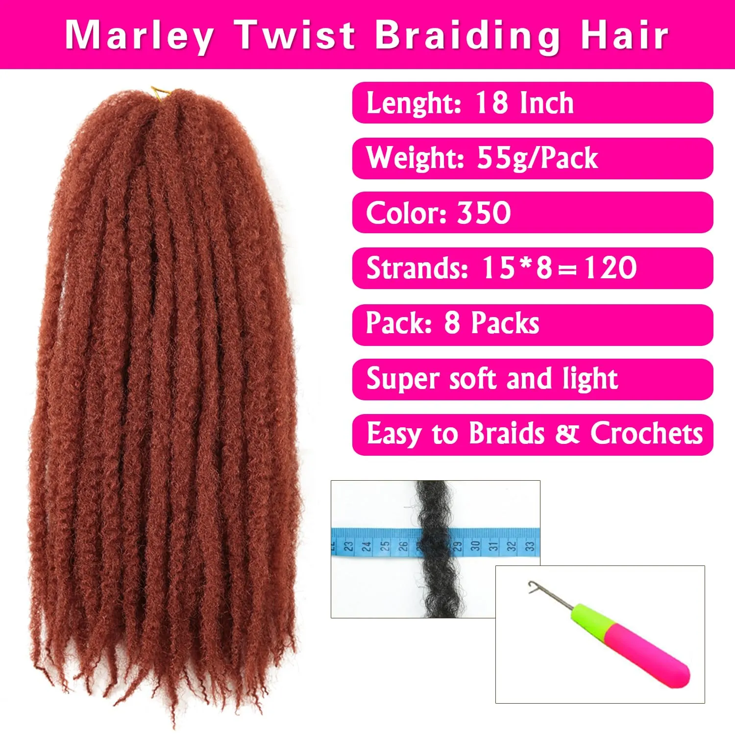 Marley Twist Braiding Hair 18 Inch 8 Packs Ginger Marley Twist Hair Cuban Twist Hair Springy Afro Kinky Twist Crochet Hair Synthetic Kinky Twist Braids Hair Extension (350#, 18inch 8packs)