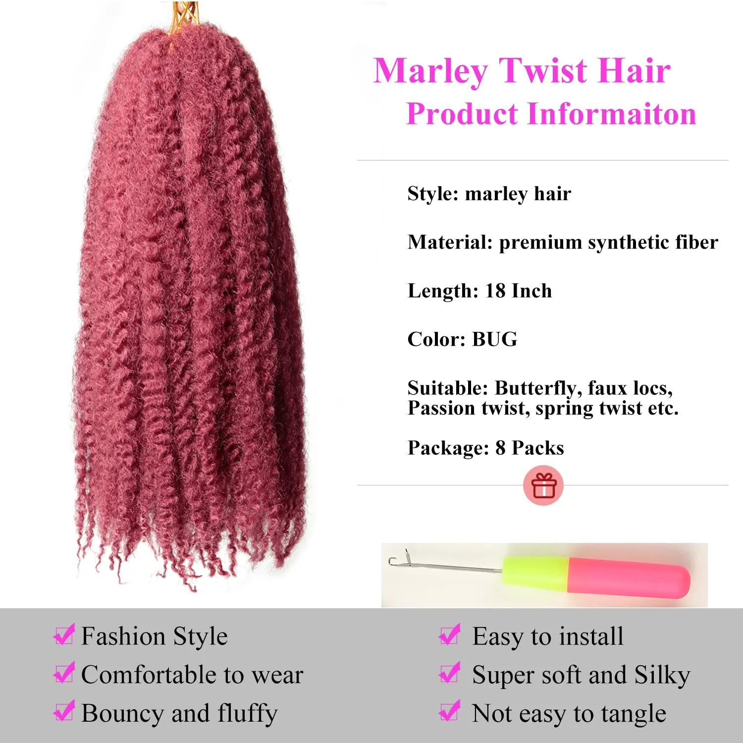 Marley Twist Braiding Hair 18 Inch 8 Packs – Long-Lasting Marley Hair, Fluffy&Tangle-Free Cuban Twist Hair for Braiding, Natural Look Synthetic Spring Afro Kinky Twist Hair Extensions (118=BUG)