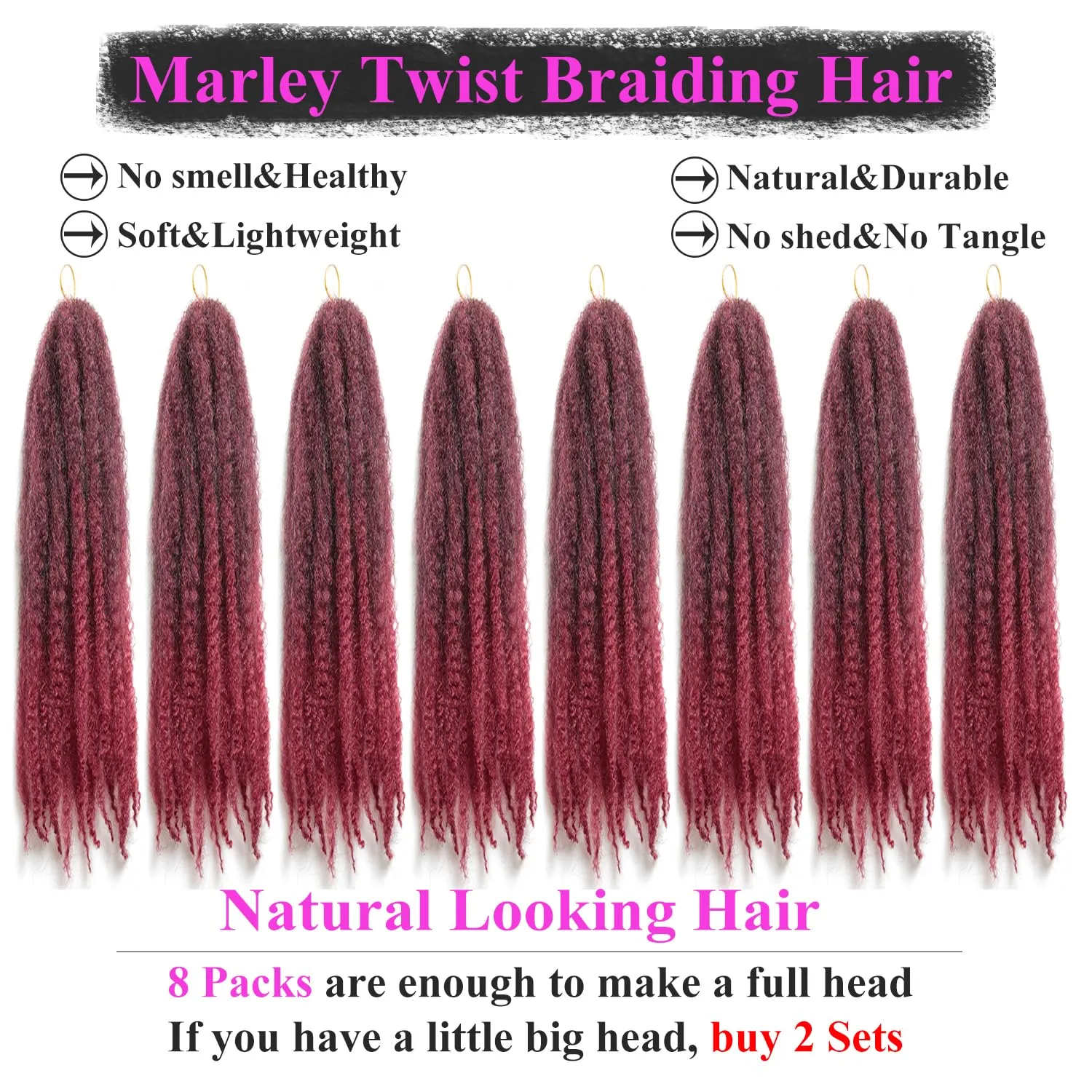 Marley Twist Braiding Hair 18 Inch 8 Packs – Long-Lasting Marley Hair, Fluffy&Tangle-Free Cuban Twist Hair for Braiding, Natural Look Synthetic Spring Afro Kinky Twist Hair Extensions (1B/BUG)