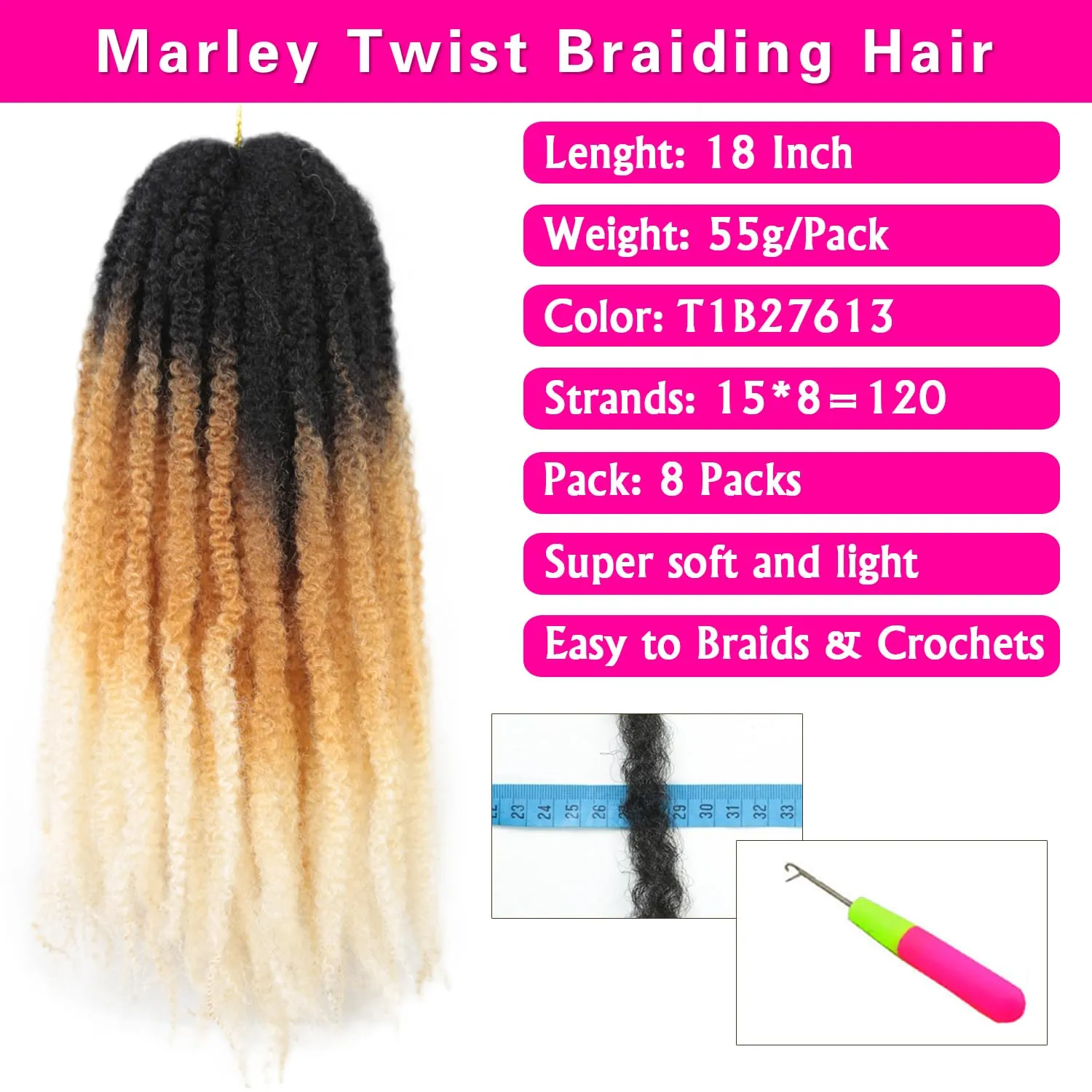 Marley Twist Braiding Hair 18 Inch 8 Packs Ombre Marley Twist Hair Cuban Twist Afro Kinky Twist Crochet Braids Hair Synthetic Twist Hair Extension for Locs (1B27613#, 18inch 8packs)