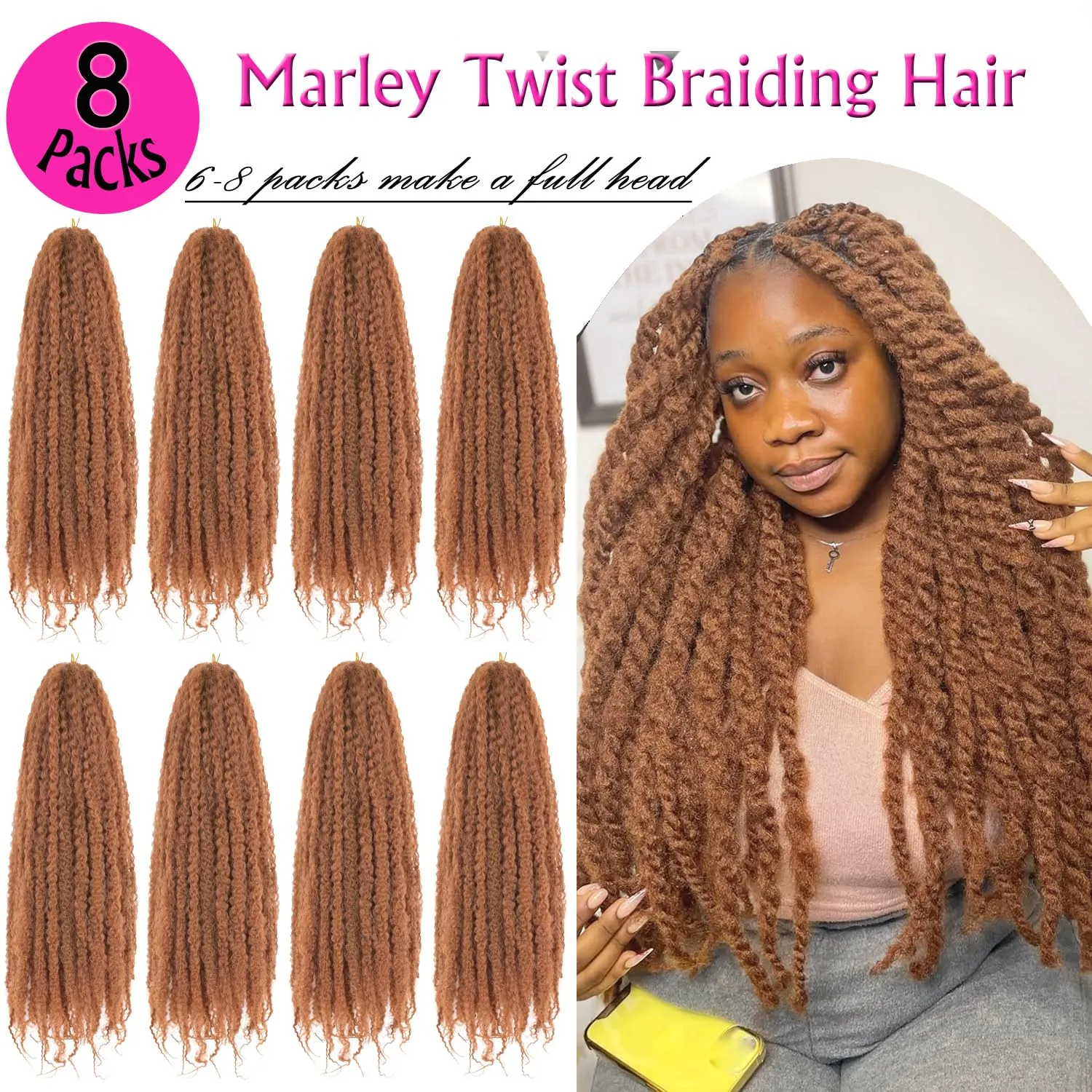 Marley Twist Braiding Hair 18 Inch Marley Hair 8 Packs Kinky Twist Hair Extensions for Afro Kinky Curly Braiding Hair Soft and Natural Crochet Hair (18 Inch 8packs,#30)