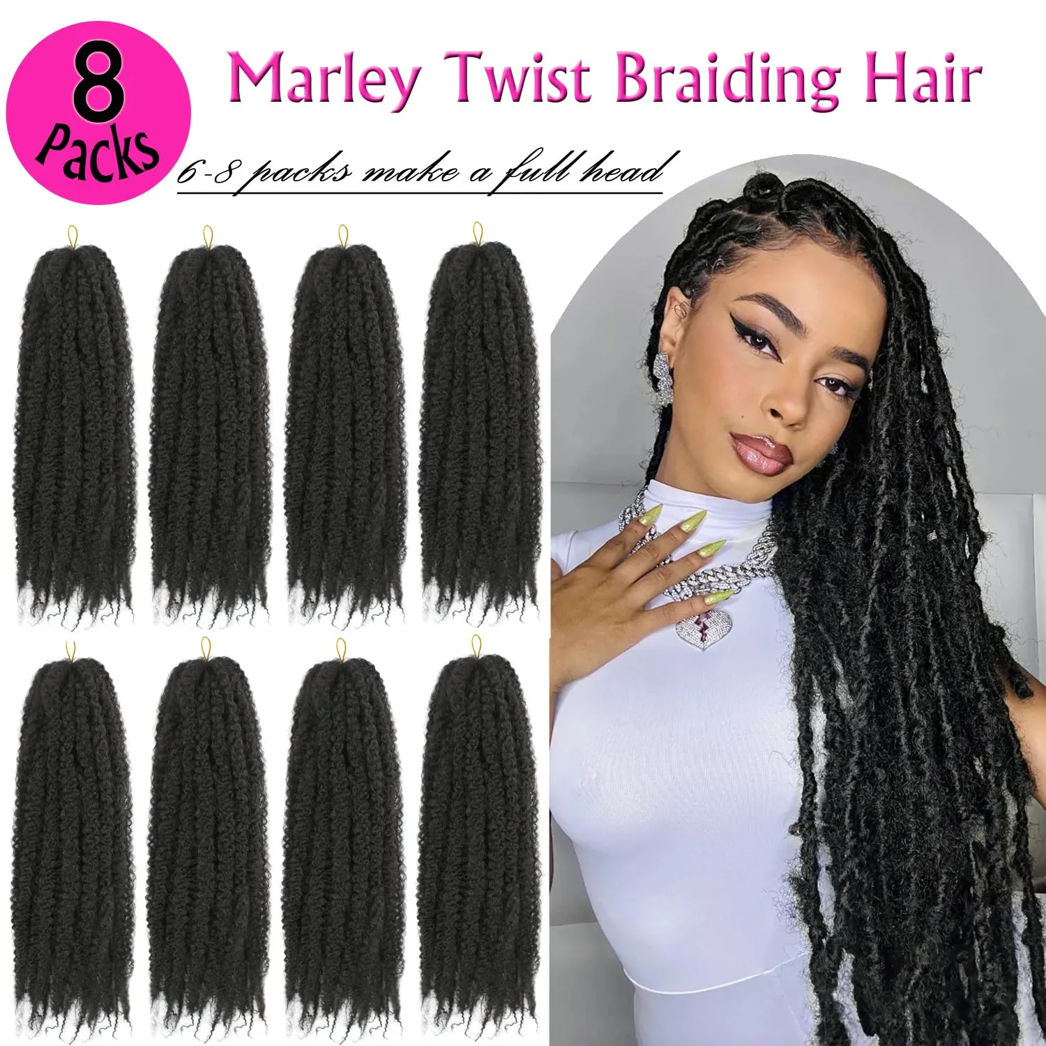 Marley Twist Braiding Hair 18 Inch Marley Hair 8 Packs Kinky Twist Hair Extensions for Afro Kinky Curly Braiding Soft and Natural Crochet Hair (18 Inch 8packs, 1B)