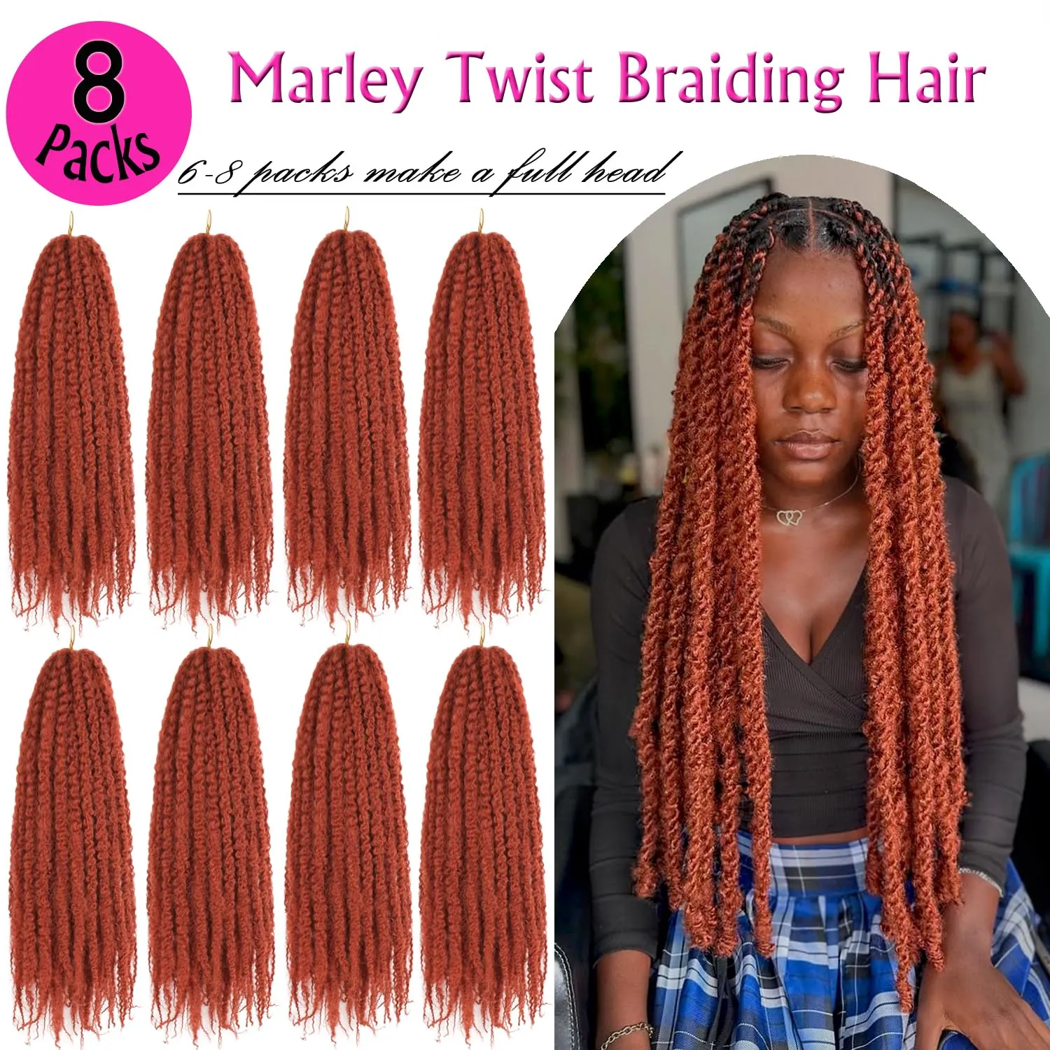 Marley Twist Braiding Hair 18 Inch Marley Hair 8 Packs Kinky Twist Hair Extensions for Afro Kinky Curly Braiding Soft and Natural Crochet Hair (18 Inch 8packs,350)
