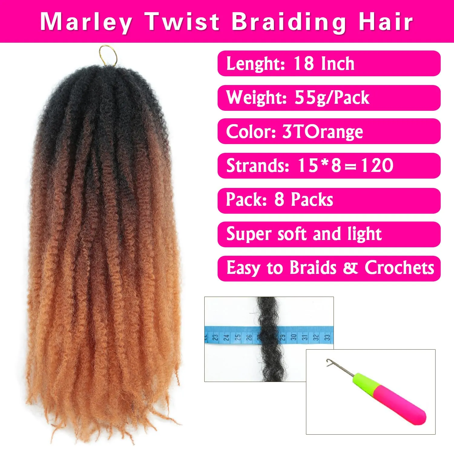 Marley Twist Braiding Hair 18 Inch Ombre Cuban Twist Hair 8 Packs Springy Afro Kinky Twists Crochet Hair Extension Crochet Twist Braiding Synthetic Hair for Faux Locs (3TOrange, 18inch 8packs)