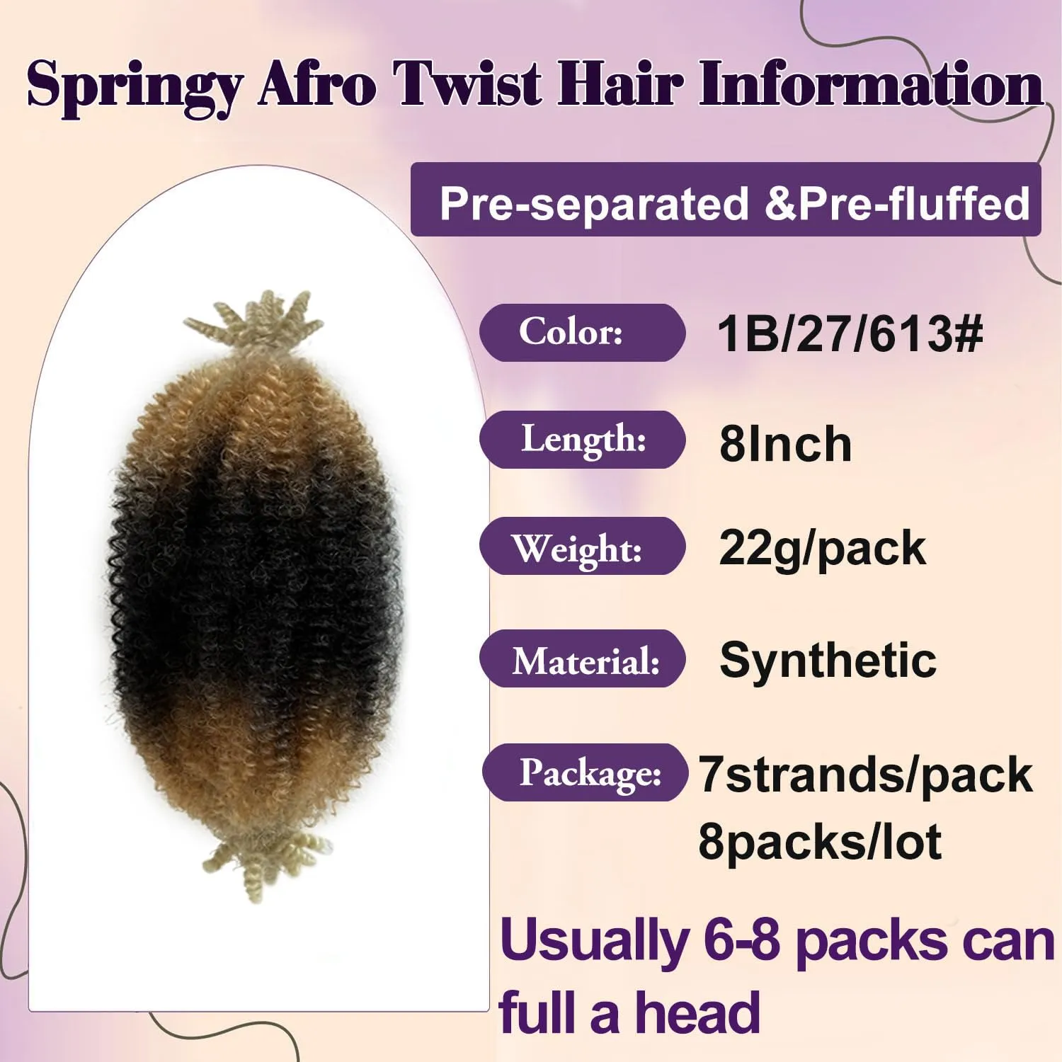 Marley Twist Braiding Hair 8 Inch 8 Packs Springy Afro Twist Ombre Blonde Kinky Curly Braiding Synthetic Wrapping Hair for Soft Locs
