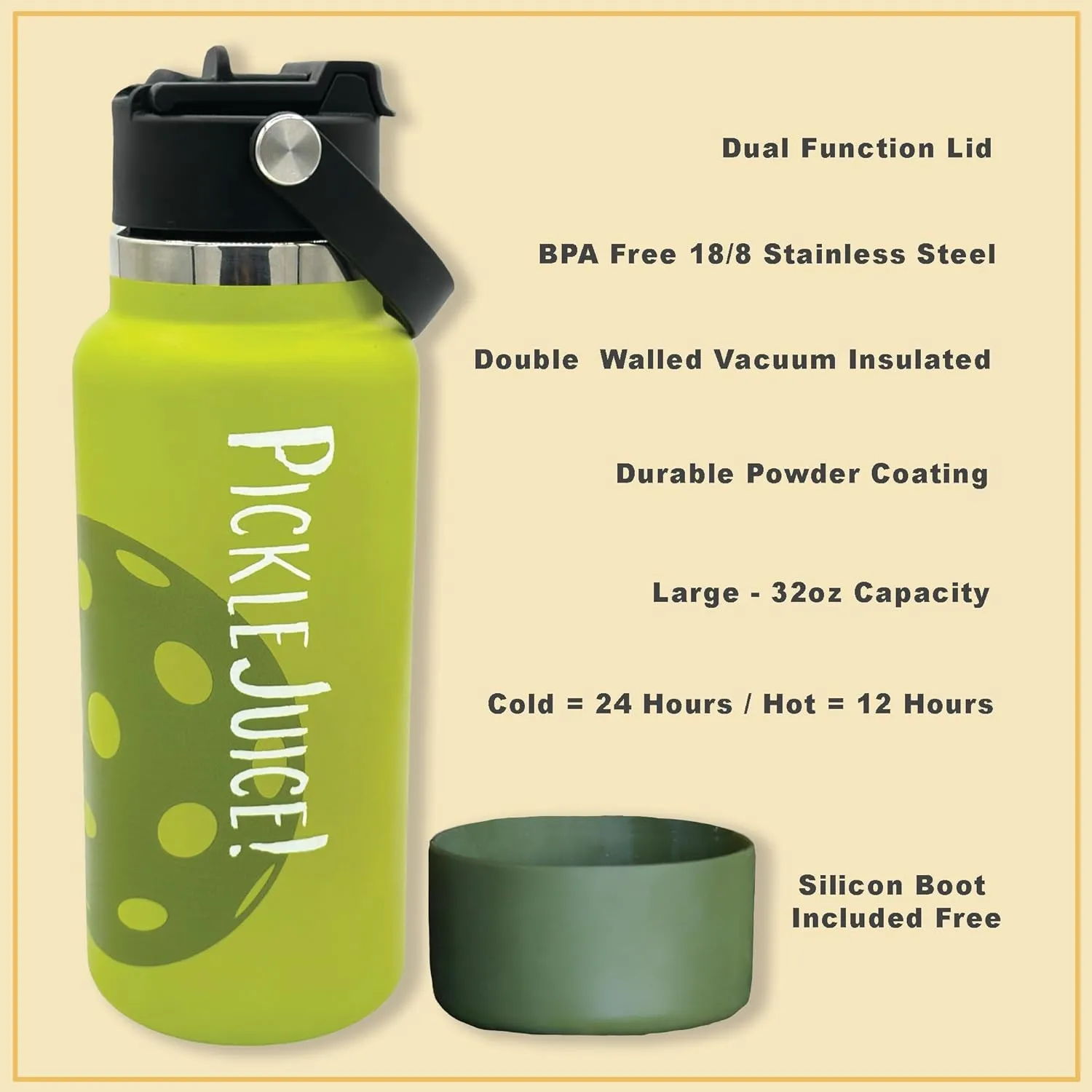 MAUI PICKLEBALL CO.™ Pickleball Water Bottle 32oz Best Pickleball Accessories Insulated Stainless Steel Water Bottle Funny PickleBall Gift Unique Sip/Straw Lid and Carry Handle