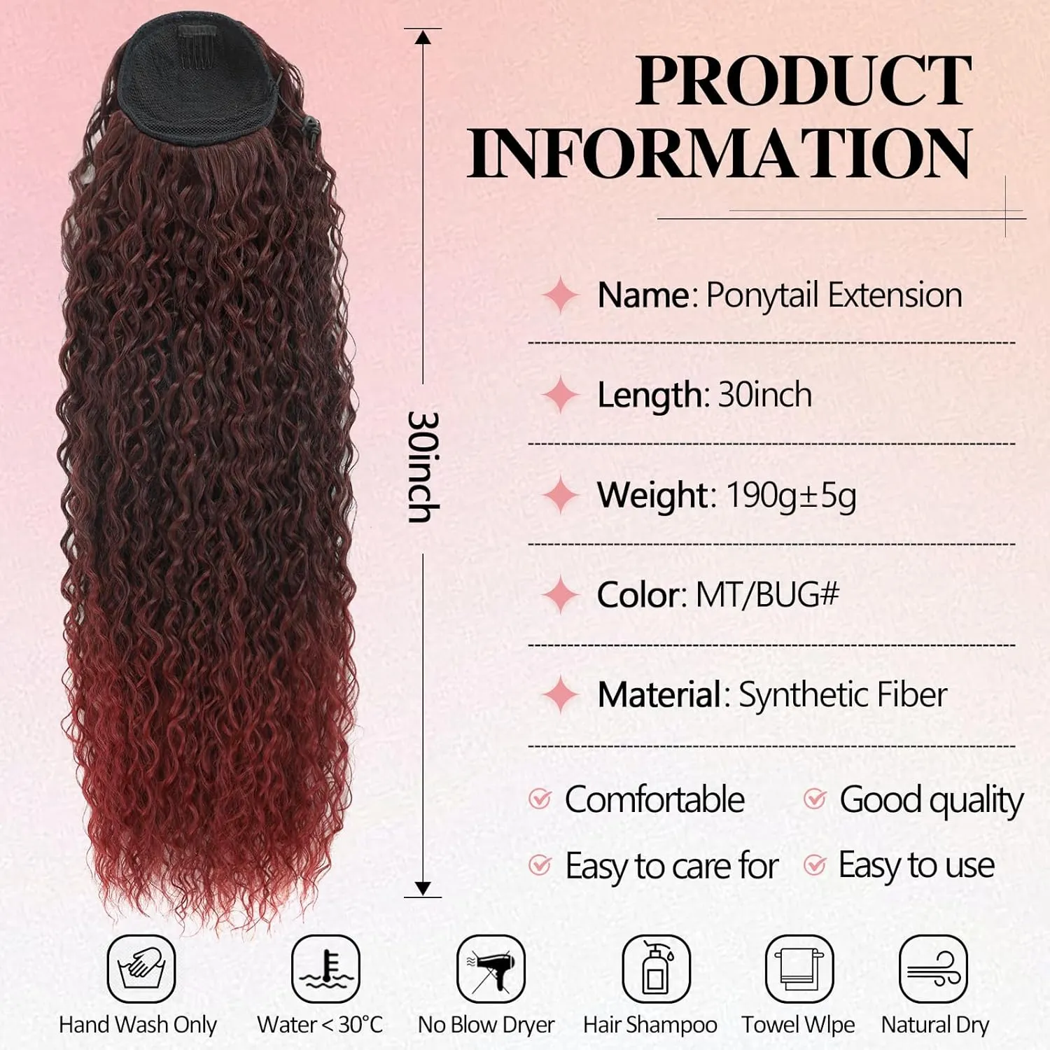 Meepo Curly Ponytail Hair Extensions Synthetic Water Wave Long Drawstring Ponytail Human Hair Feeling For Women With 2 Clips In Ombre Thick Ponytail Natural Looking Hairpiece 30 Inch(#MT/BUG)