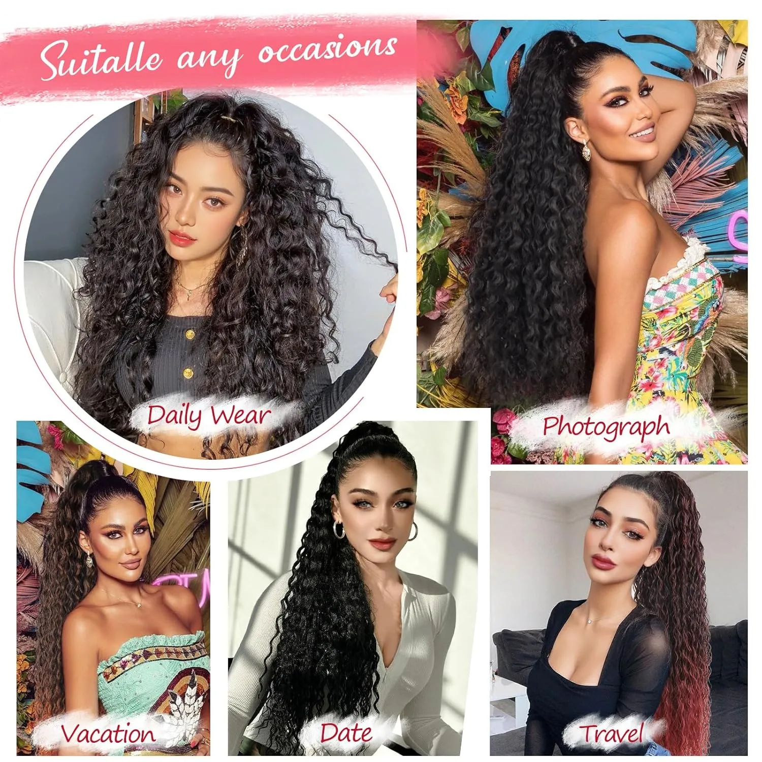 Meepo Curly Ponytail Hair Extensions Synthetic Water Wave Long Drawstring Ponytail Human Hair Feeling For Women With 2 Clips In Ombre Thick Ponytail Natural Looking Hairpiece 30 Inch(#MT/BUG)