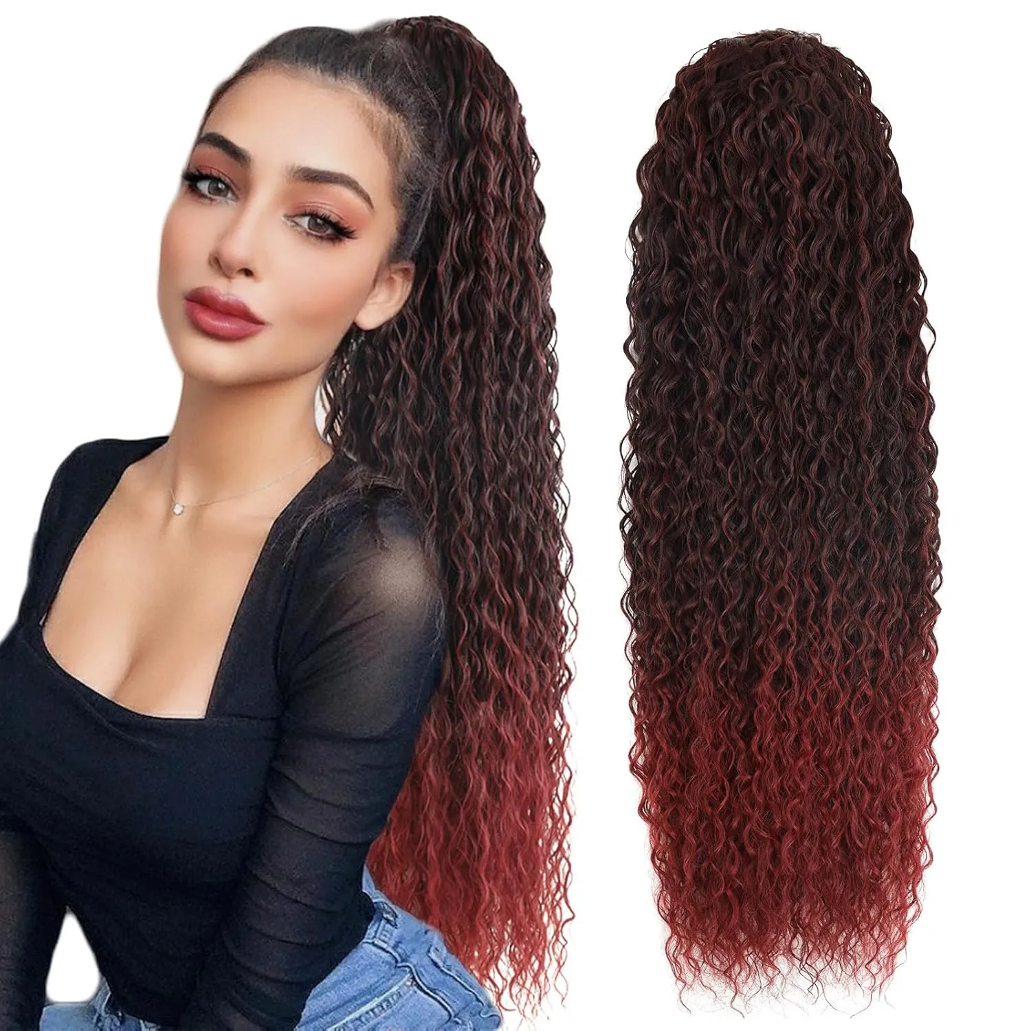Meepo Curly Ponytail Hair Extensions Synthetic Water Wave Long Drawstring Ponytail Human Hair Feeling For Women With 2 Clips In Ombre Thick Ponytail Natural Looking Hairpiece 30 Inch(#MT/BUG)