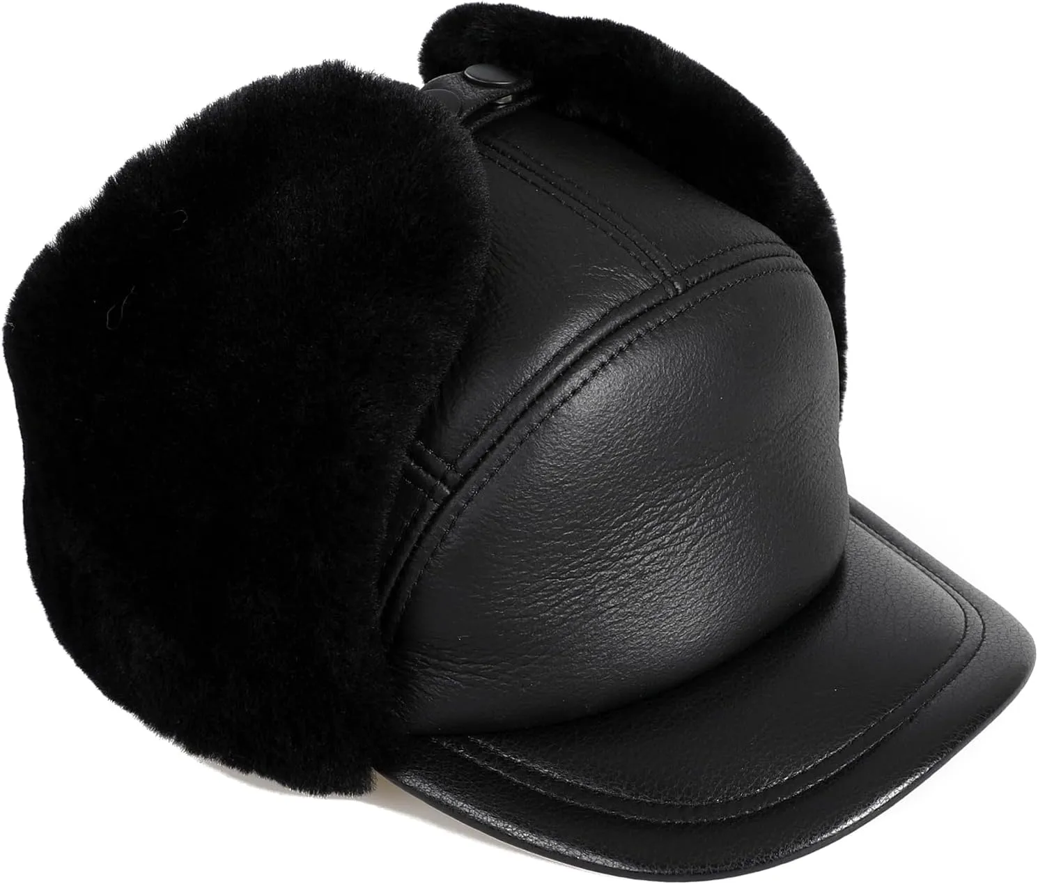 Mens Shearling Sheepskin Leather Aviator Russian Ushanka Trapper Peaked Winter Fur Hat