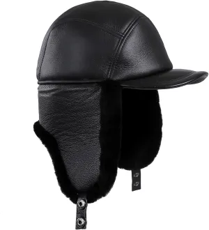 Mens Shearling Sheepskin Leather Aviator Russian Ushanka Trapper Peaked Winter Fur Hat