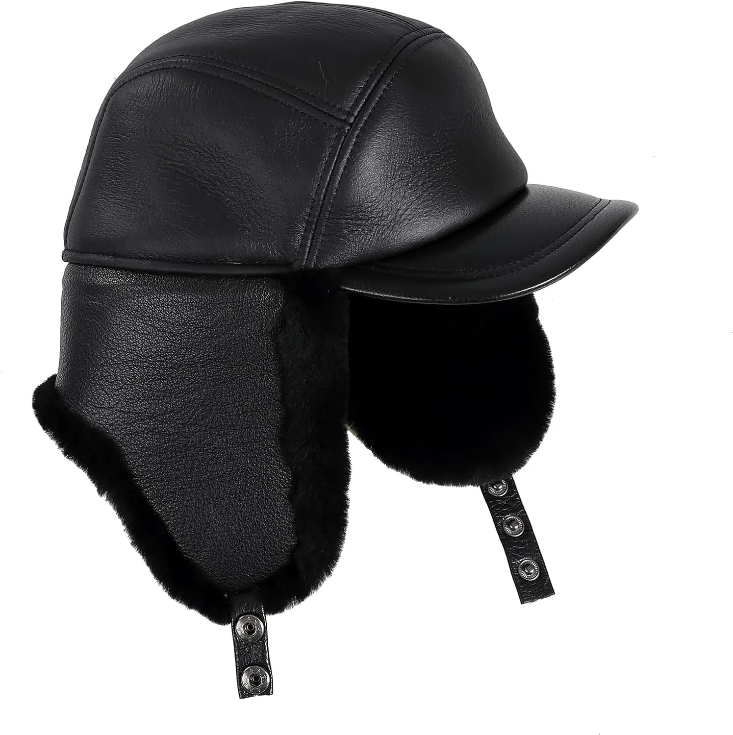 Mens Shearling Sheepskin Leather Aviator Russian Ushanka Trapper Peaked Winter Fur Hat
