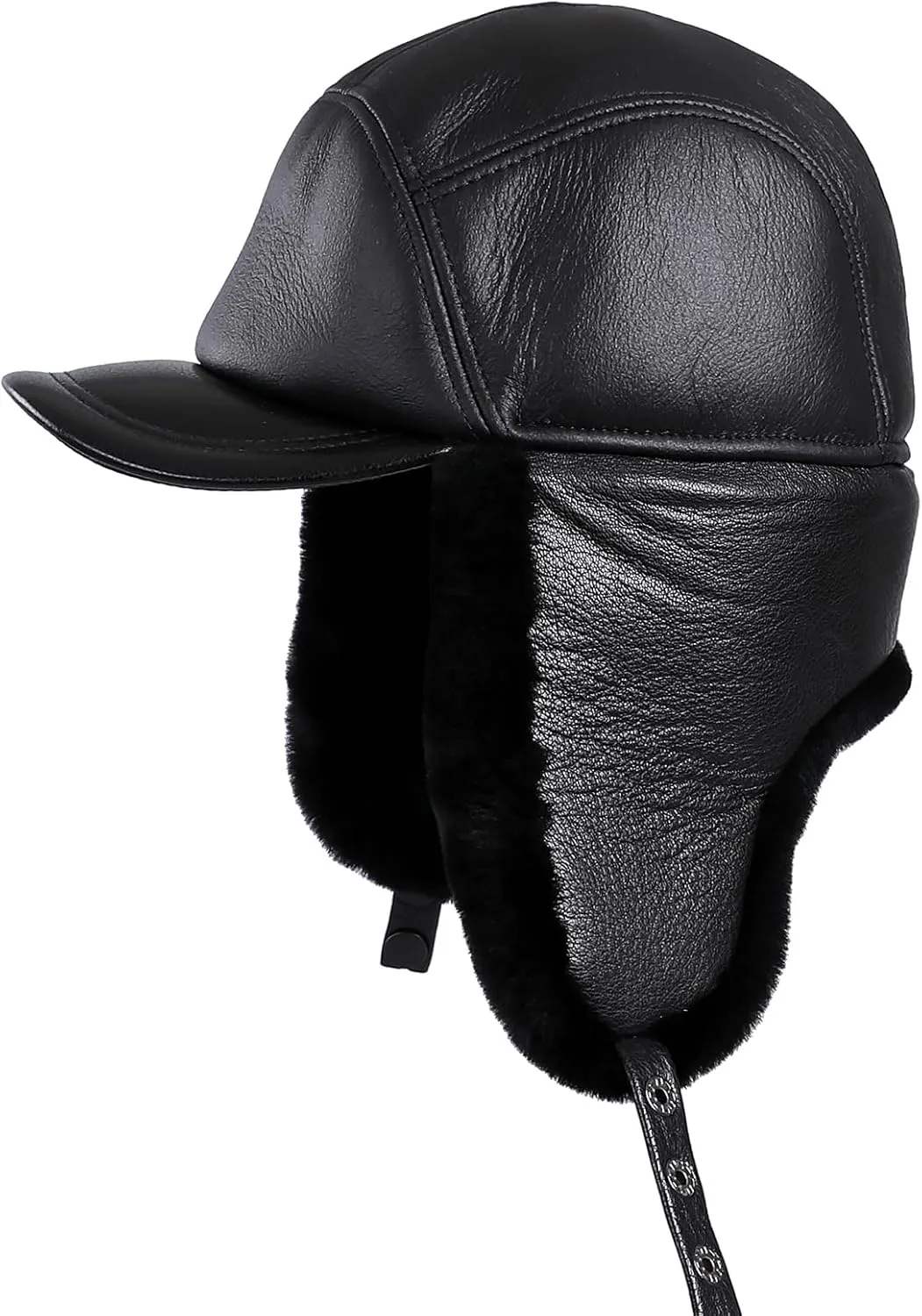 Mens Shearling Sheepskin Leather Aviator Russian Ushanka Trapper Peaked Winter Fur Hat
