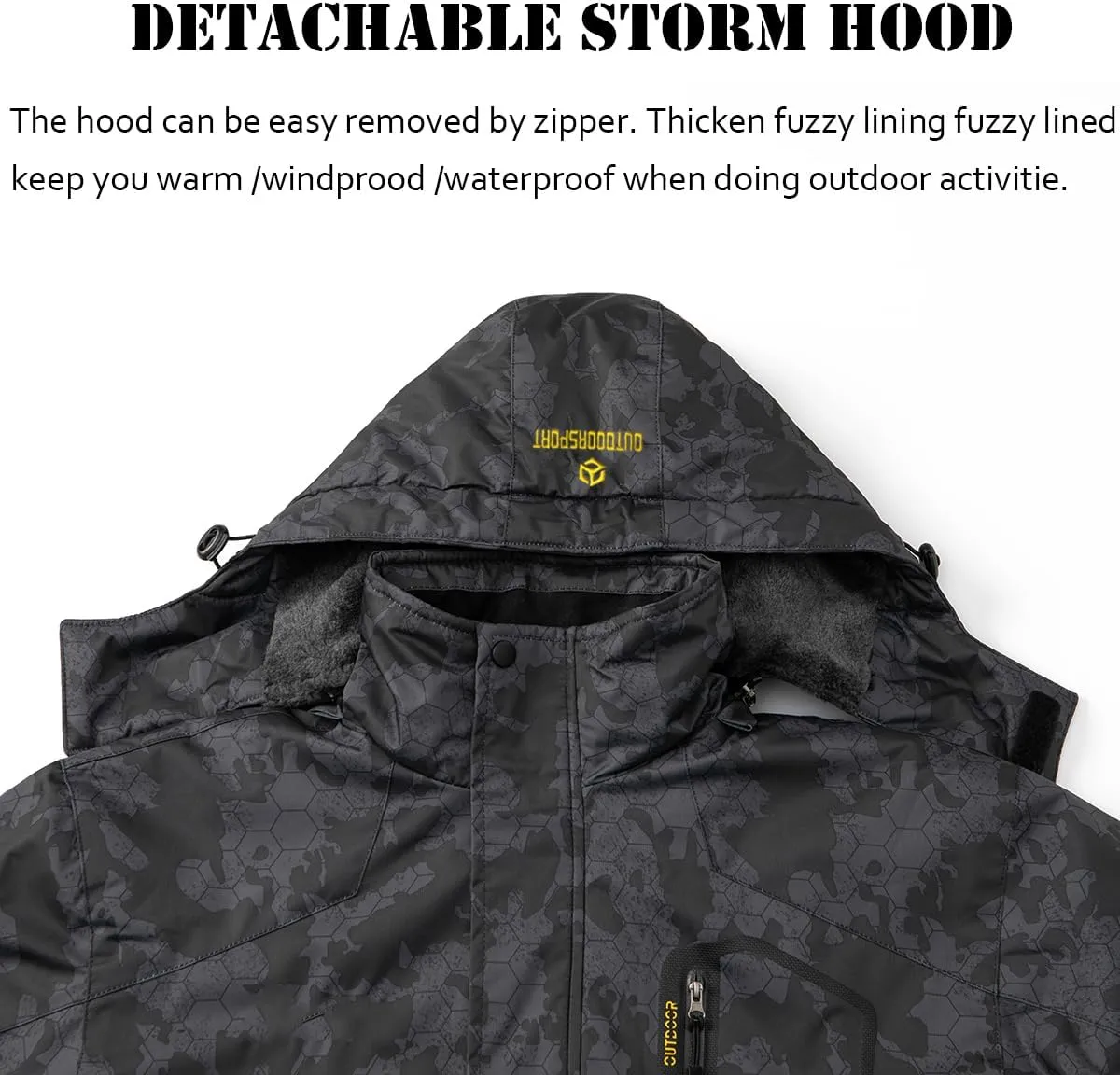 Men's Winter Ski Jacket Warm Fleece Waterproof Outdoor Mountain Hiking Windbreaker Hooded Snow Rain Coat