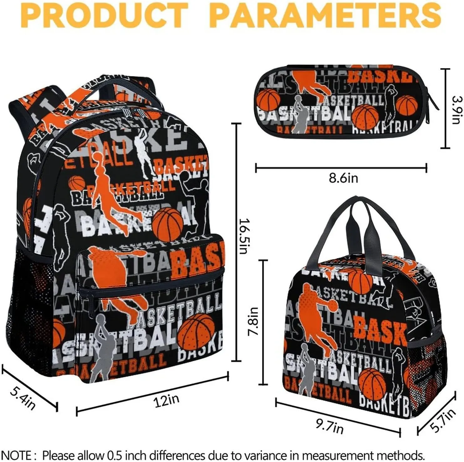Mercuryelf Basketball Backpack with Lunch Box and Pencil Case, Elementary Kindergarten School Prechool Bookbag for Boys Kids, Set of 3