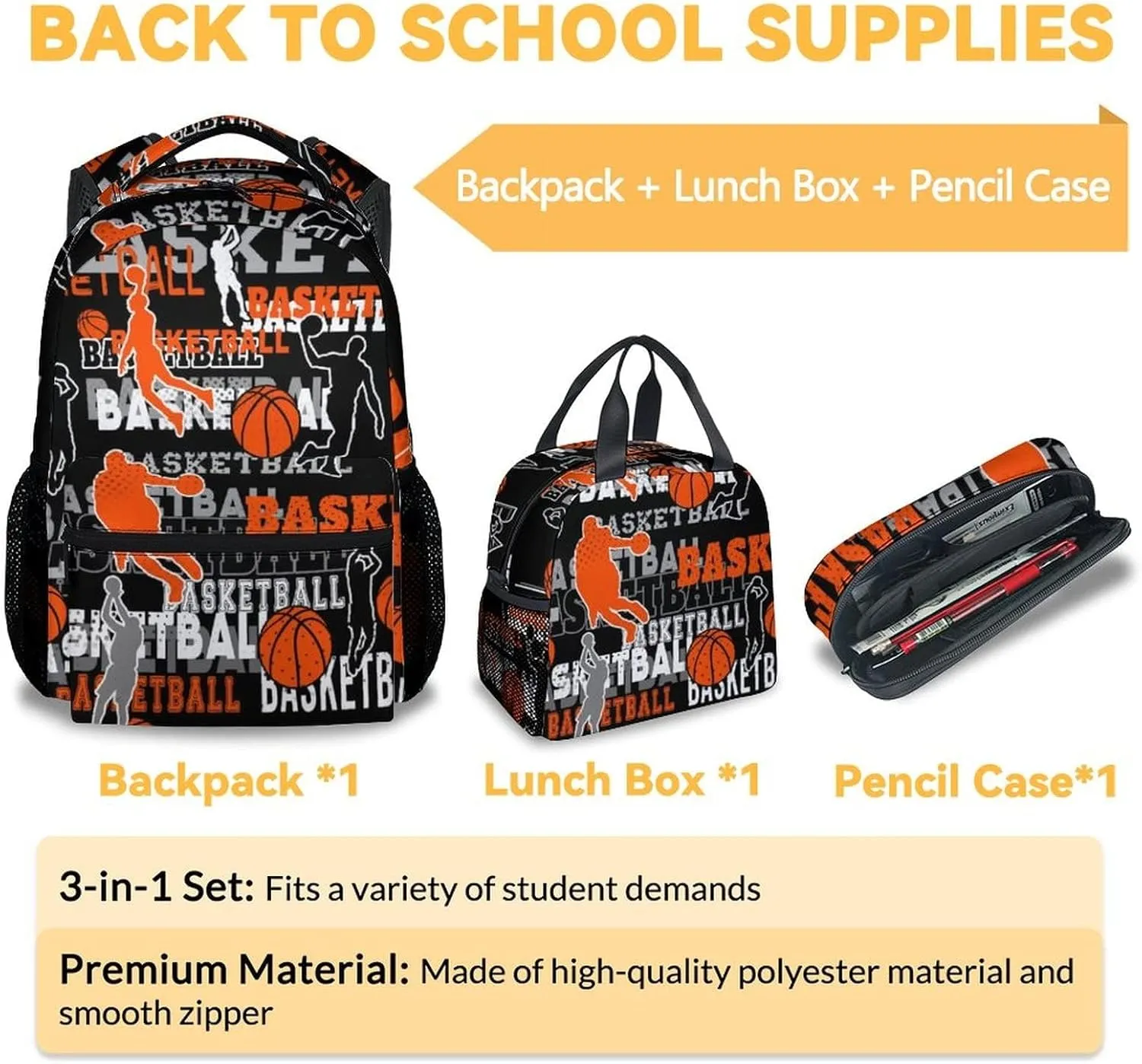 Mercuryelf Basketball Backpack with Lunch Box and Pencil Case, Elementary Kindergarten School Prechool Bookbag for Boys Kids, Set of 3