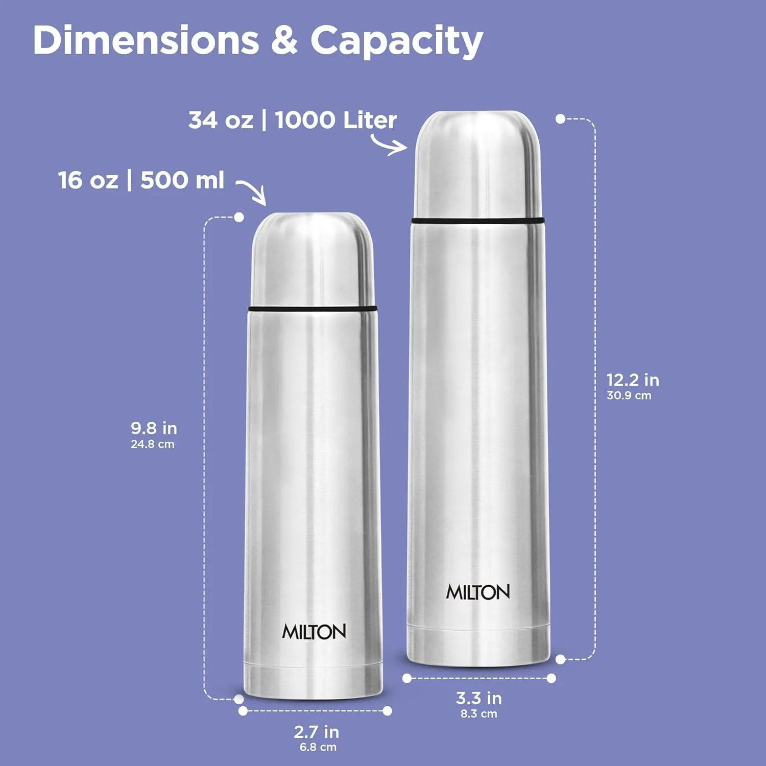 Milton Combo Vacuum Flask for Hot Drink (34 oz & 16 oz), Stainless Steel Double Walled Insulated Water Bottle for 24 Hour Hot and Cold drinks with cover, Thermosteel Flip Lid 1000 and 500 ml