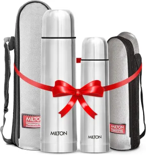 Milton Combo Vacuum Flask for Hot Drink (34 oz & 16 oz), Stainless Steel Double Walled Insulated Water Bottle for 24 Hour Hot and Cold drinks with cover, Thermosteel Flip Lid 1000 and 500 ml