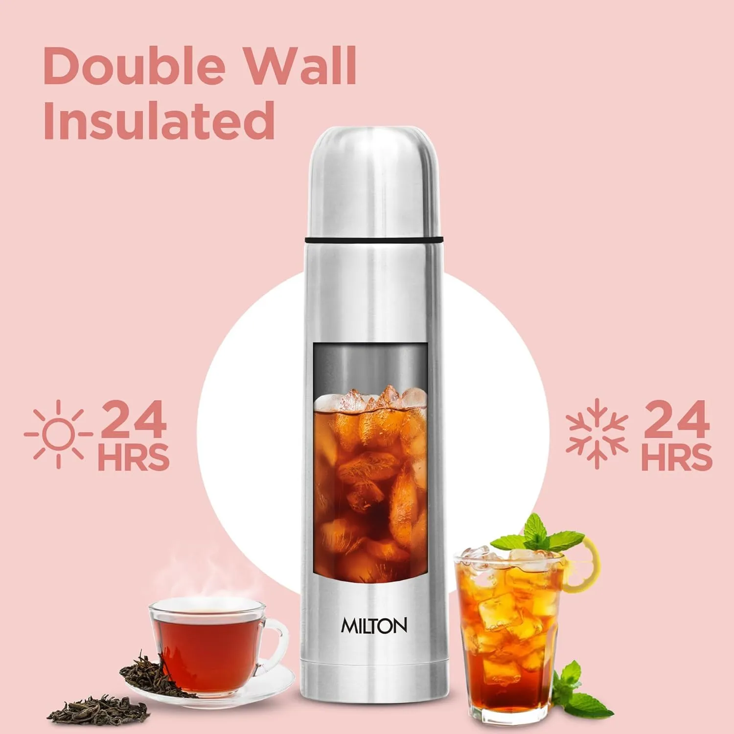 Milton Combo Vacuum Flask for Hot Drink (34 oz & 16 oz), Stainless Steel Double Walled Insulated Water Bottle for 24 Hour Hot and Cold drinks with cover, Thermosteel Flip Lid 1000 and 500 ml