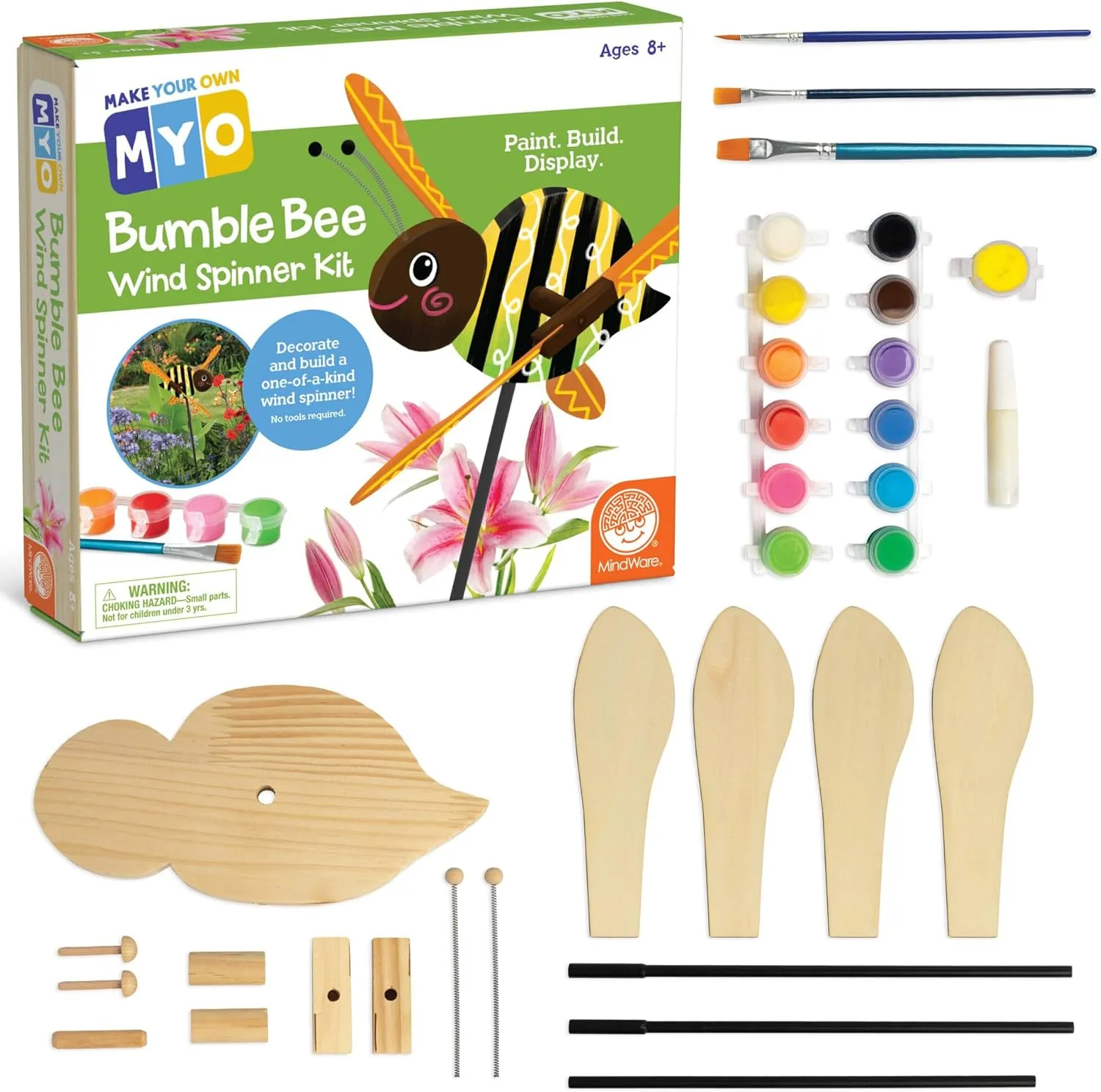 MindWare Make Your Own Bumble Bee Wind Spinner Wood Craft Kit - Build & Decorate for Ages 8 & Up