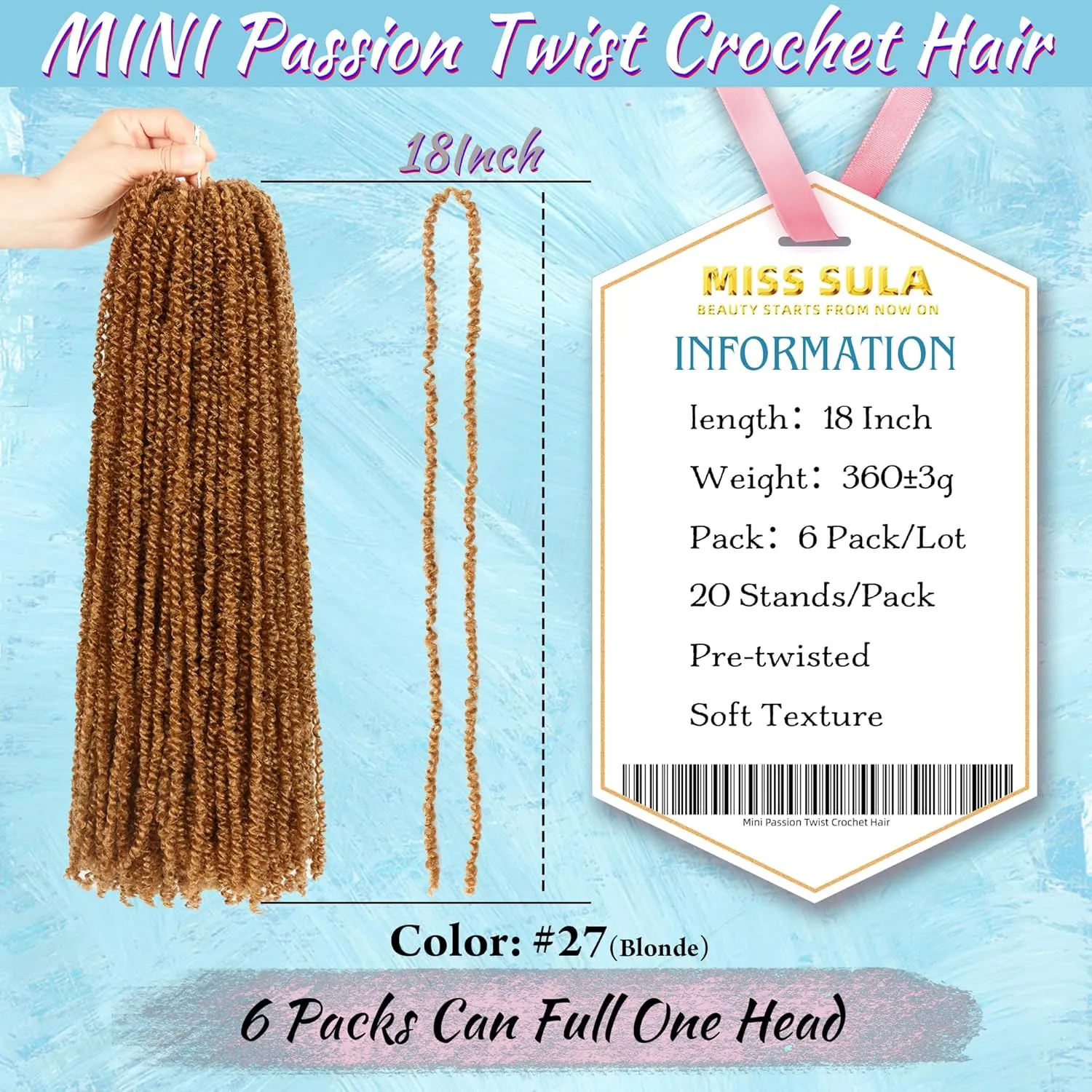 Mini Passion Twist Crochet Hair for Black Women-18 Inches 6 Packs Pure Blonde Pre Twisted Elastic and Cuttable Hair Extensions,Braided by Soft Synthetic Twist Bohemian Curl(18"-6P,27#)
