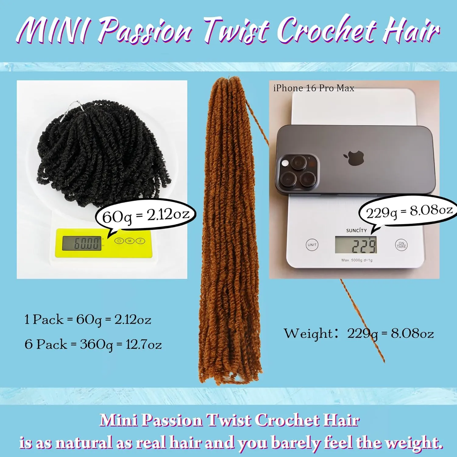 Mini Passion Twist Crochet Hair for Black Women-18 Inches 6 Packs Pure Brown Pre Twisted Elastic and Cuttable Hair Extensions,Braided by Soft Synthetic Twist Bohemian Curl(18"-6P,30#)