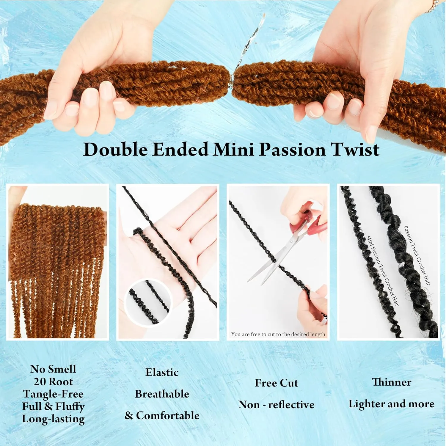Mini Passion Twist Crochet Hair for Black Women-18 Inches 6 Packs Pure Brown Pre Twisted Elastic and Cuttable Hair Extensions,Braided by Soft Synthetic Twist Bohemian Curl(18"-6P,30#)