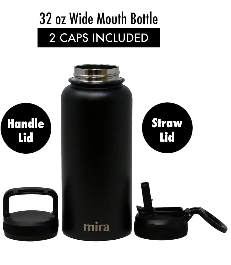 MIRA 32 oz Insulated Water Bottle - Stainless Steel Sports Flask with 2 Lids (Straw & Handle) - Cold Drink Thermos - Black