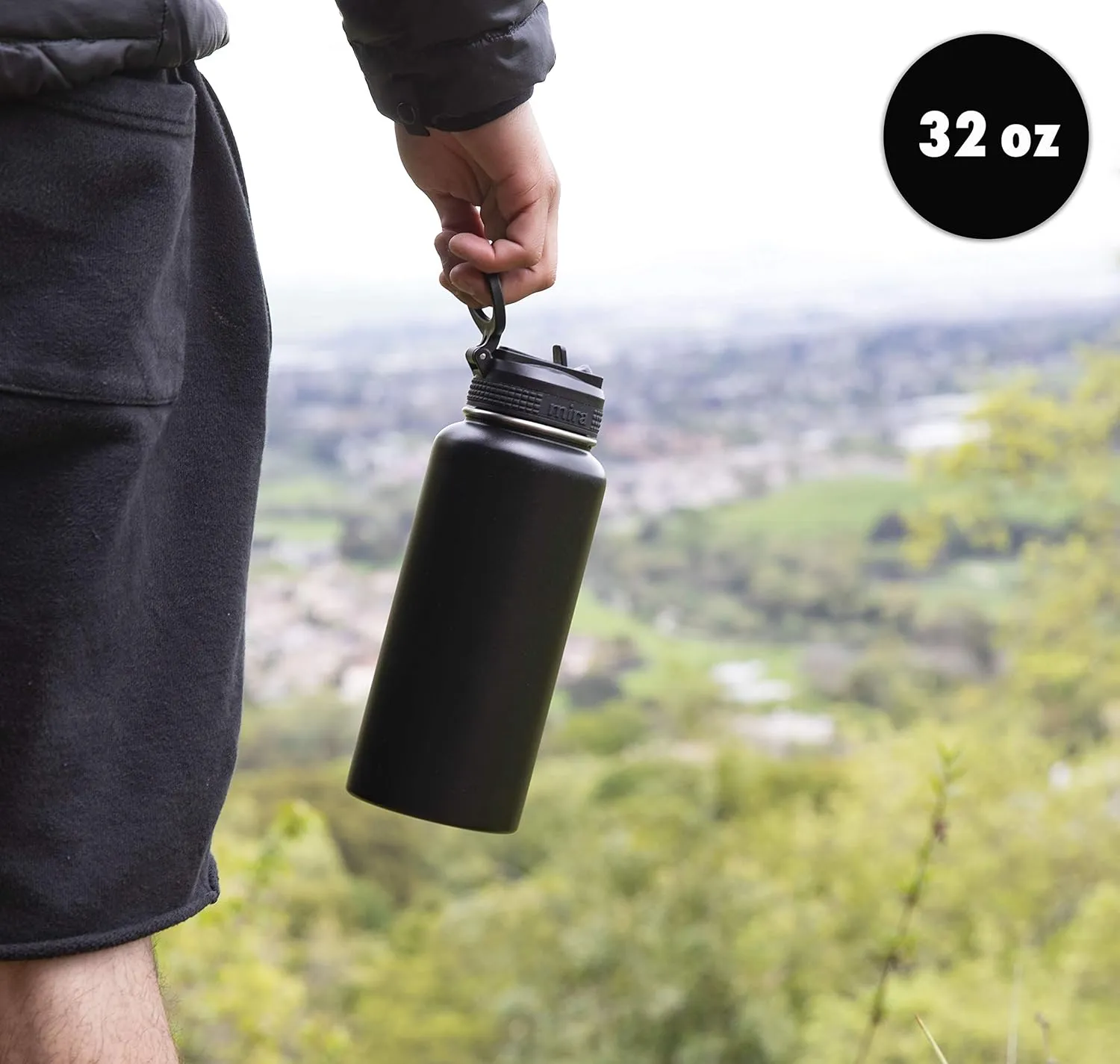 MIRA 32 oz Insulated Water Bottle - Stainless Steel Sports Flask with 2 Lids (Straw & Handle) - Cold Drink Thermos - Black