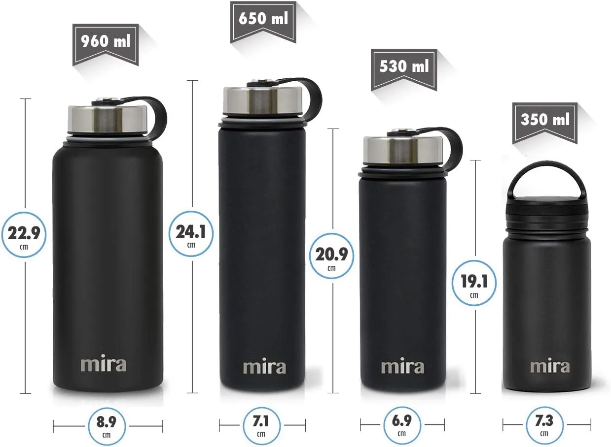 MIRA 32 oz Insulated Water Bottle - Stainless Steel Sports Flask with 2 Lids (Straw & Handle) - Cold Drink Thermos - Black
