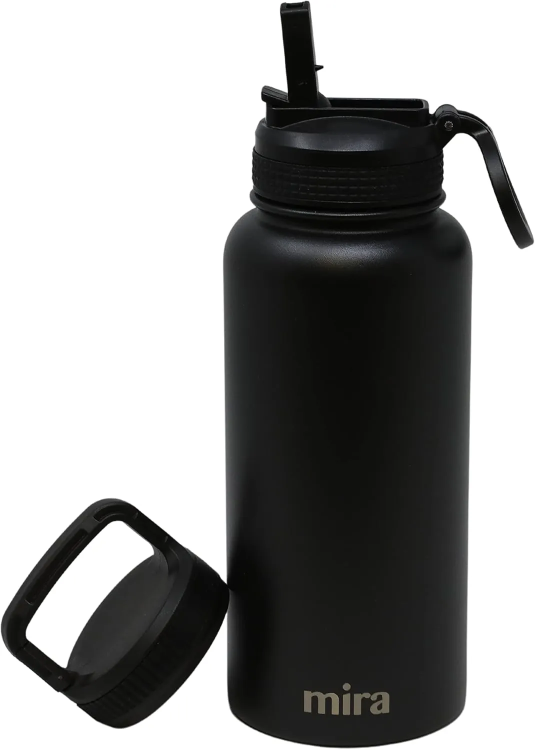 MIRA 32 oz Insulated Water Bottle - Stainless Steel Sports Flask with 2 Lids (Straw & Handle) - Cold Drink Thermos - Black