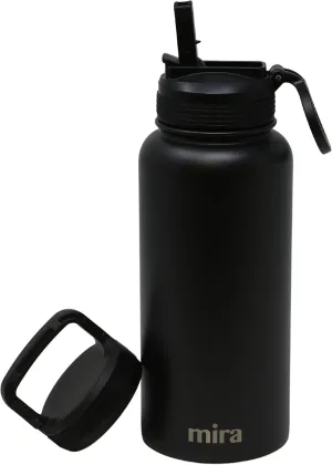 MIRA 32 oz Insulated Water Bottle - Stainless Steel Sports Flask with 2 Lids (Straw & Handle) - Cold Drink Thermos - Black