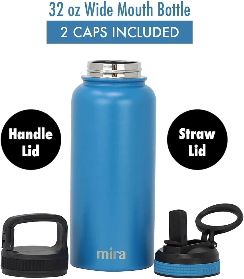 MIRA 32 oz Insulated Water Bottle - Stainless Steel Sports Flask with 2 Lids (Straw & Handle) - Cold Drink Thermos - Hawaiian Blue