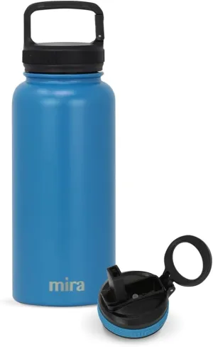 MIRA 32 oz Insulated Water Bottle - Stainless Steel Sports Flask with 2 Lids (Straw & Handle) - Cold Drink Thermos - Hawaiian Blue