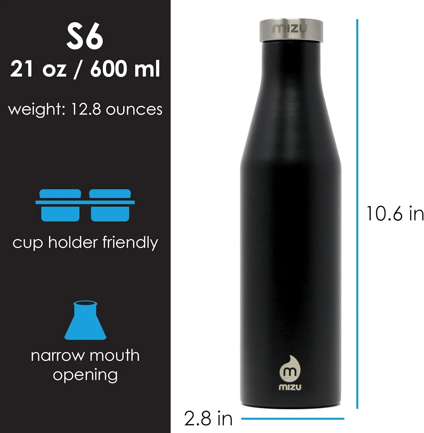 Mizu - S6 Slim Series Water Bottle | 19 oz. Double Wall Stainless Steel Vacuum Insulated | Narrow Mouth with Leak Proof Cap | Multiple Colors | BPA Free
