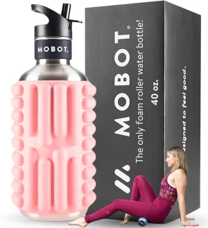 MOBOT Portable Travel Foam Roller Water Bottle with Sip Straw, Stainless Steel Screw Lid | Insulated Sports Water Bottle and Foam Rollers for Yoga, Workout, Home Gym, & Exercise 40oz. (Blush Pink)