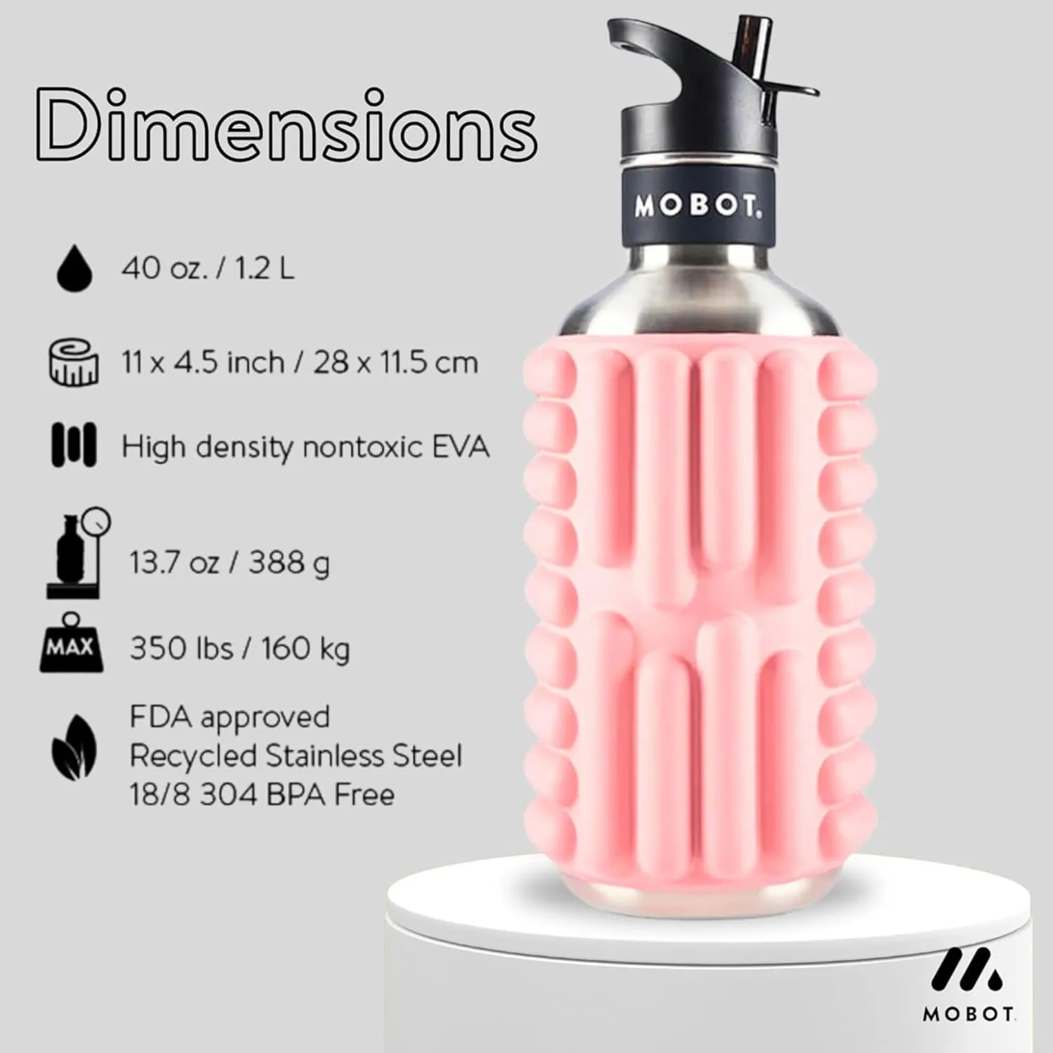 MOBOT Portable Travel Foam Roller Water Bottle with Sip Straw, Stainless Steel Screw Lid | Insulated Sports Water Bottle and Foam Rollers for Yoga, Workout, Home Gym, & Exercise 40oz. (Blush Pink)