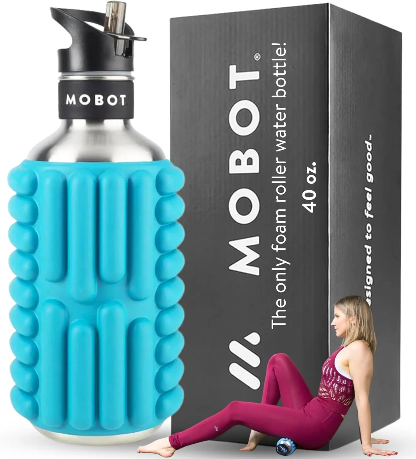 MOBOT Portable Travel Foam Roller Water Bottle with Sip Straw, Stainless Steel Screw Lid | Insulated Sports Water Bottle and Foam Rollers for Yoga, Workout, Home Gym, & Exercise (Aqua, 40 oz)