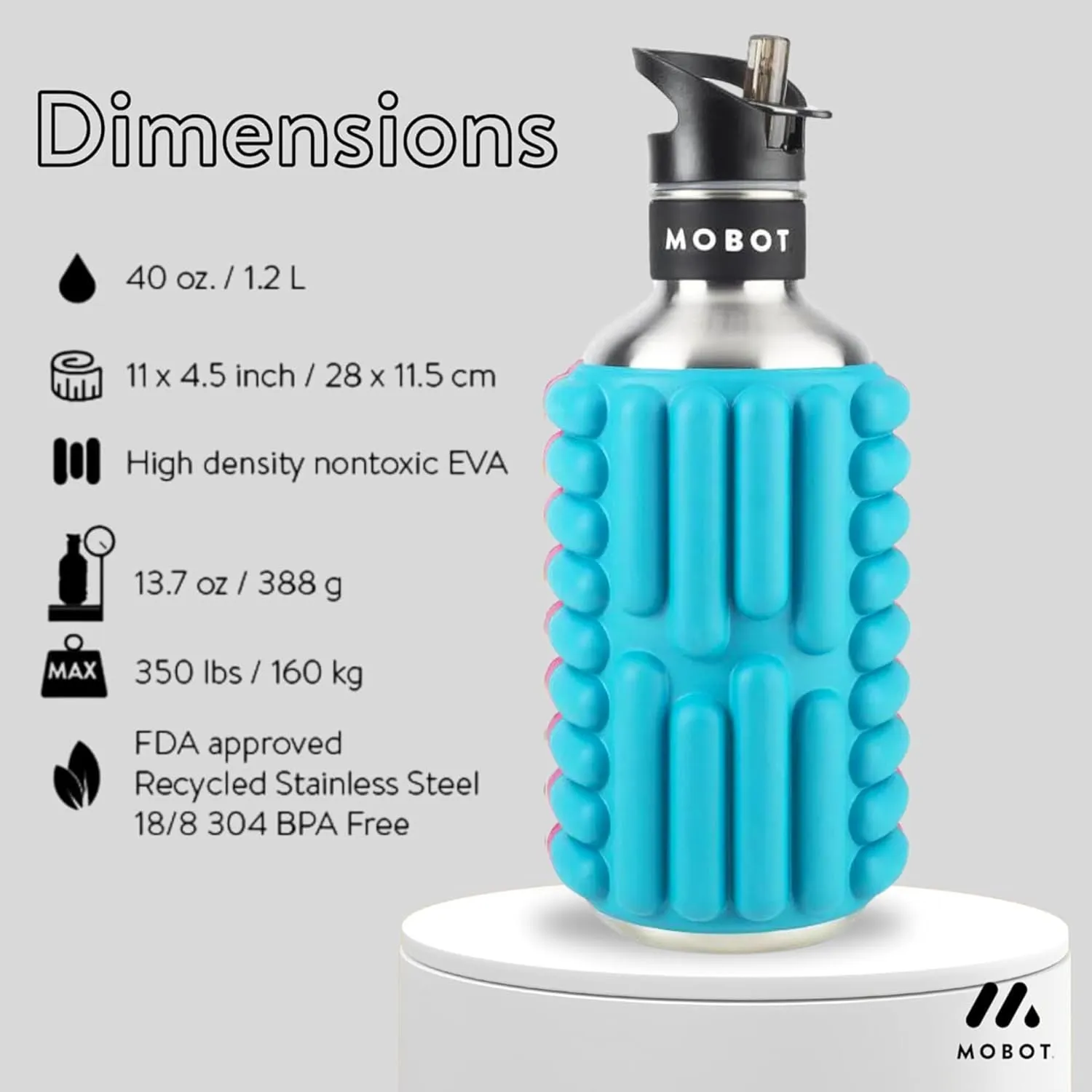 MOBOT Portable Travel Foam Roller Water Bottle with Sip Straw, Stainless Steel Screw Lid | Insulated Sports Water Bottle and Foam Rollers for Yoga, Workout, Home Gym, & Exercise (Aqua, 40 oz)