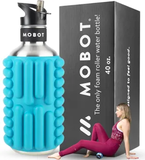 MOBOT Portable Travel Foam Roller Water Bottle with Sip Straw, Stainless Steel Screw Lid | Insulated Sports Water Bottle and Foam Rollers for Yoga, Workout, Home Gym, & Exercise (Aqua, 40 oz)